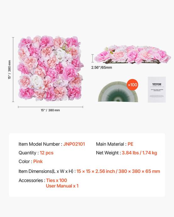 VEVOR Panneau mural décoratif floral 12pcs, 38x38cm, 3D, mariage, rose. - Image 7