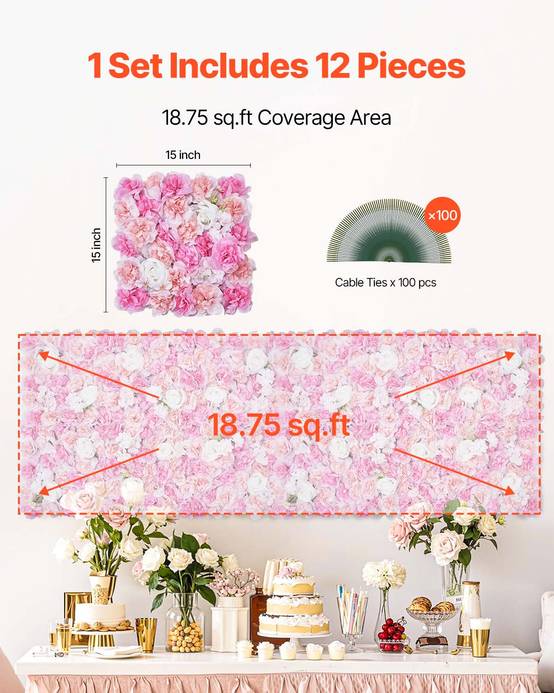 VEVOR Panneau mural décoratif floral 12pcs, 38x38cm, 3D, mariage, rose. - Image 6