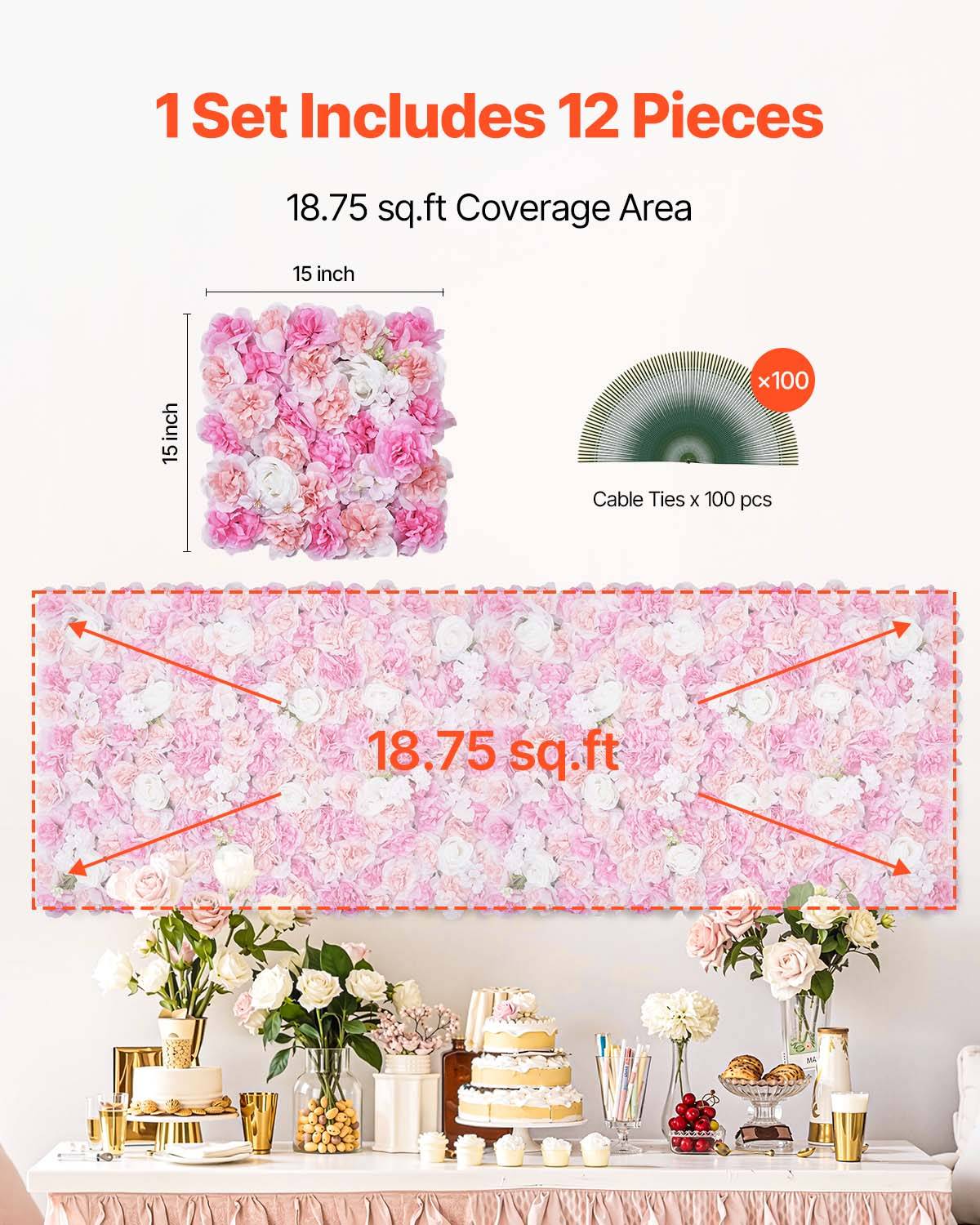 VEVOR Panneau mural décoratif floral 12pcs, 38x38cm, 3D, mariage, rose. - Image 6