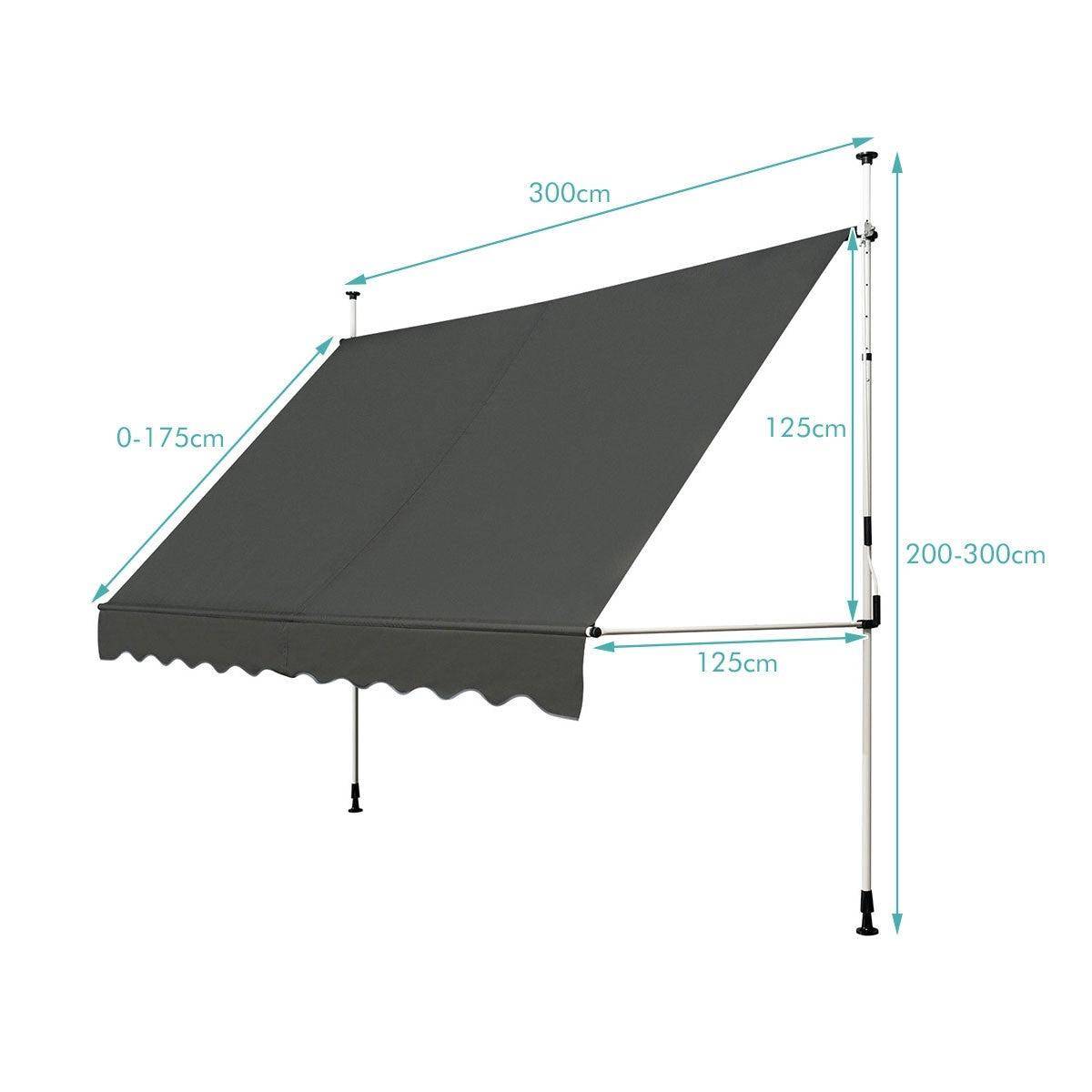Helloshop26 - Auvent manuel rétractable 300 cm hauteur réglable de 200-300cm store banne fait en aluminium et tissu oxford anti uv gris - Image 4