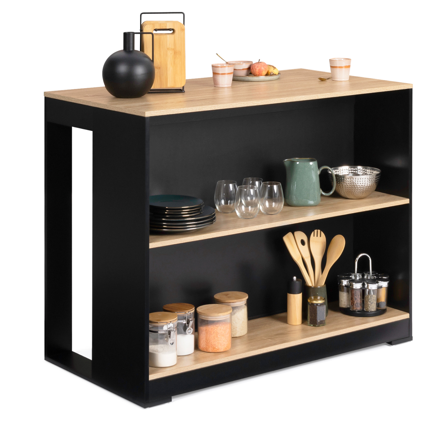 Ensemble table de bar îlot JUNO bois noir avec plateau façon hêtre et 2 tabourets de bar DETROIT - Image 3