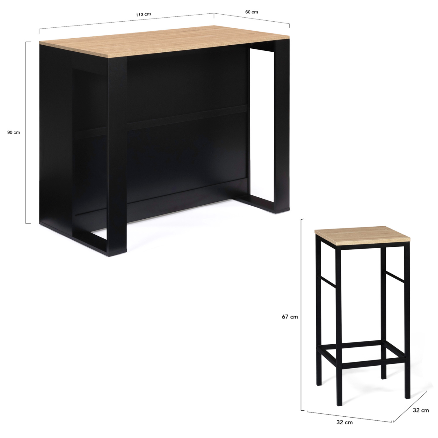Ensemble table de bar îlot JUNO bois noir avec plateau façon hêtre et 2 tabourets de bar DETROIT - Image 5