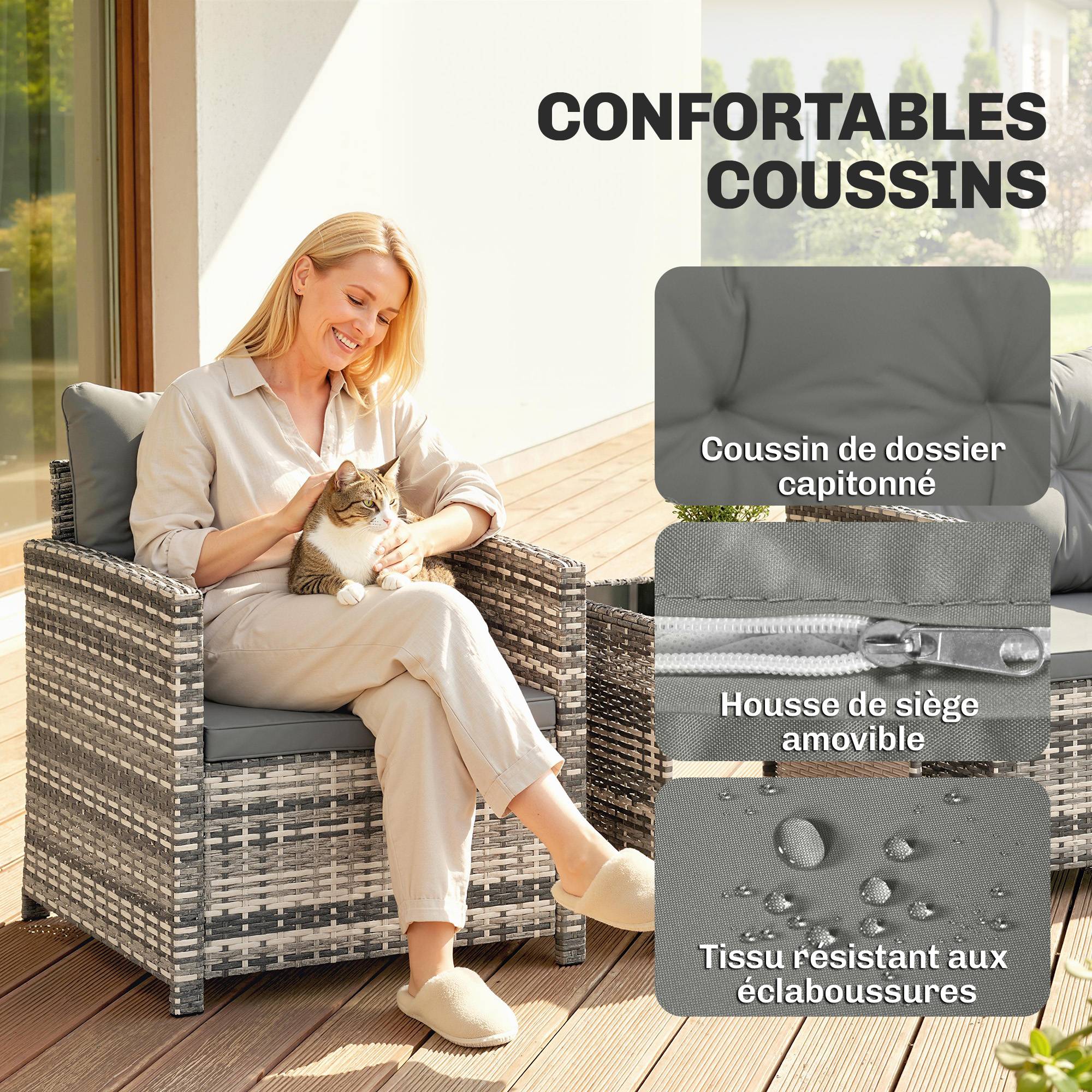 Salon de Jardin Extérieur 3 pièces | Mobilier de jardin Gris clair Résine tressée, Acier 65x62x75 cm - Image 8