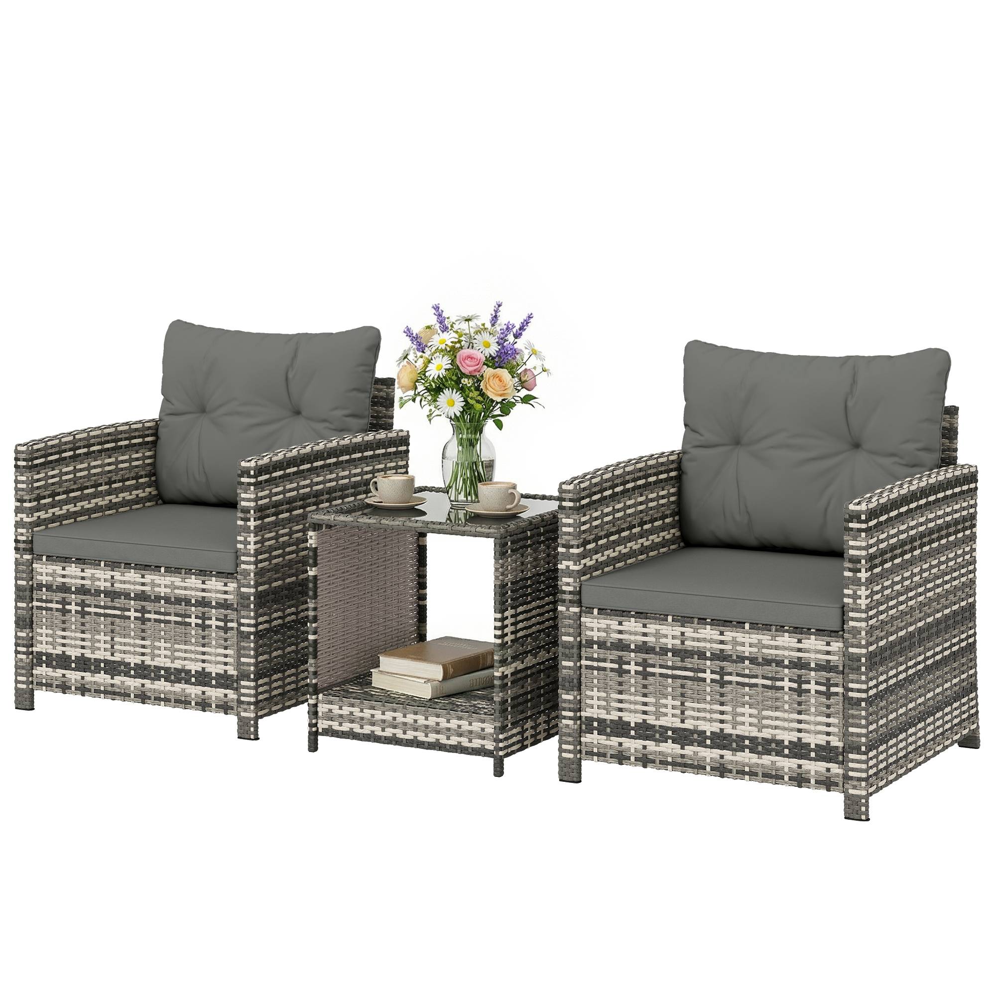 Salon de Jardin Extérieur 3 pièces | Mobilier de jardin Gris clair Résine tressée, Acier 65x62x75 cm - Image 2