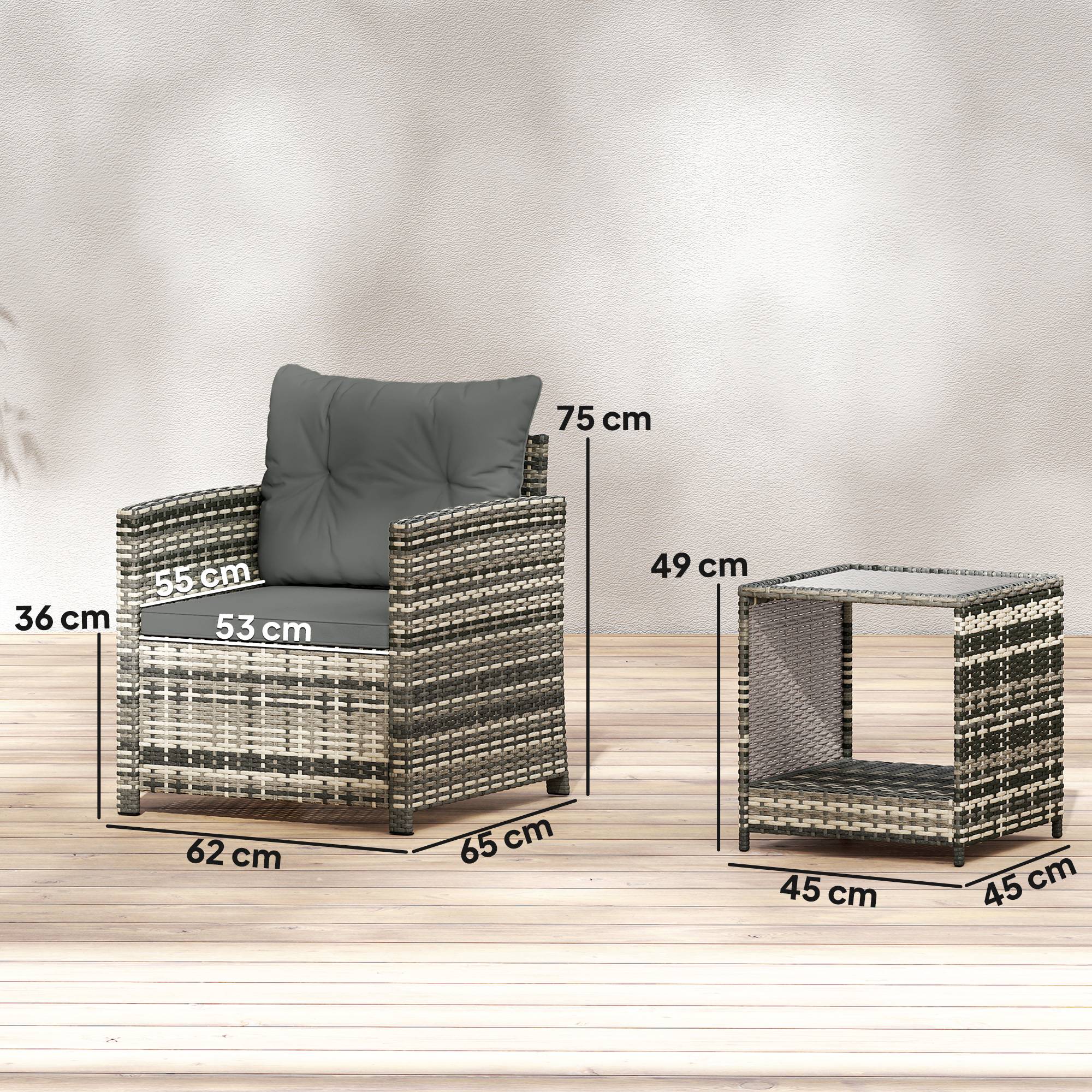 Salon de Jardin Extérieur 3 pièces | Mobilier de jardin Gris clair Résine tressée, Acier 65x62x75 cm - Image 5