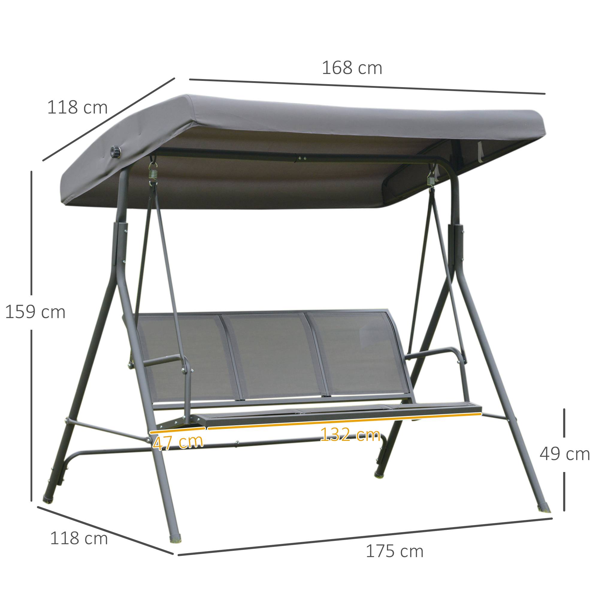 Outsunny - Balancelle de jardin 3 places grand confort toit inclinaison réglable assise et dossier ergonomique acier textilène gris - Outsunny - Image 3