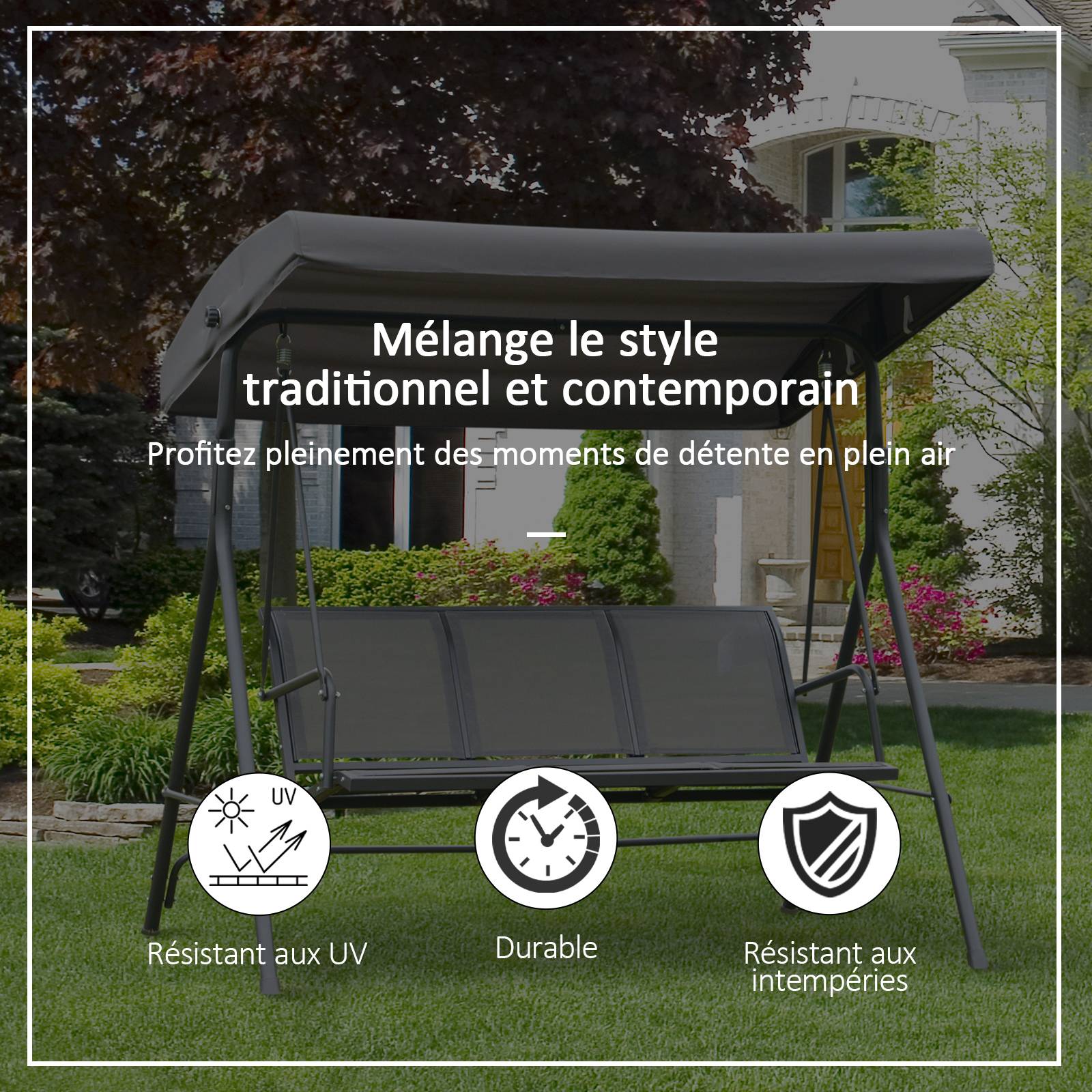 Outsunny - Balancelle de jardin 3 places grand confort toit inclinaison réglable assise et dossier ergonomique acier textilène gris - Outsunny - Image 2