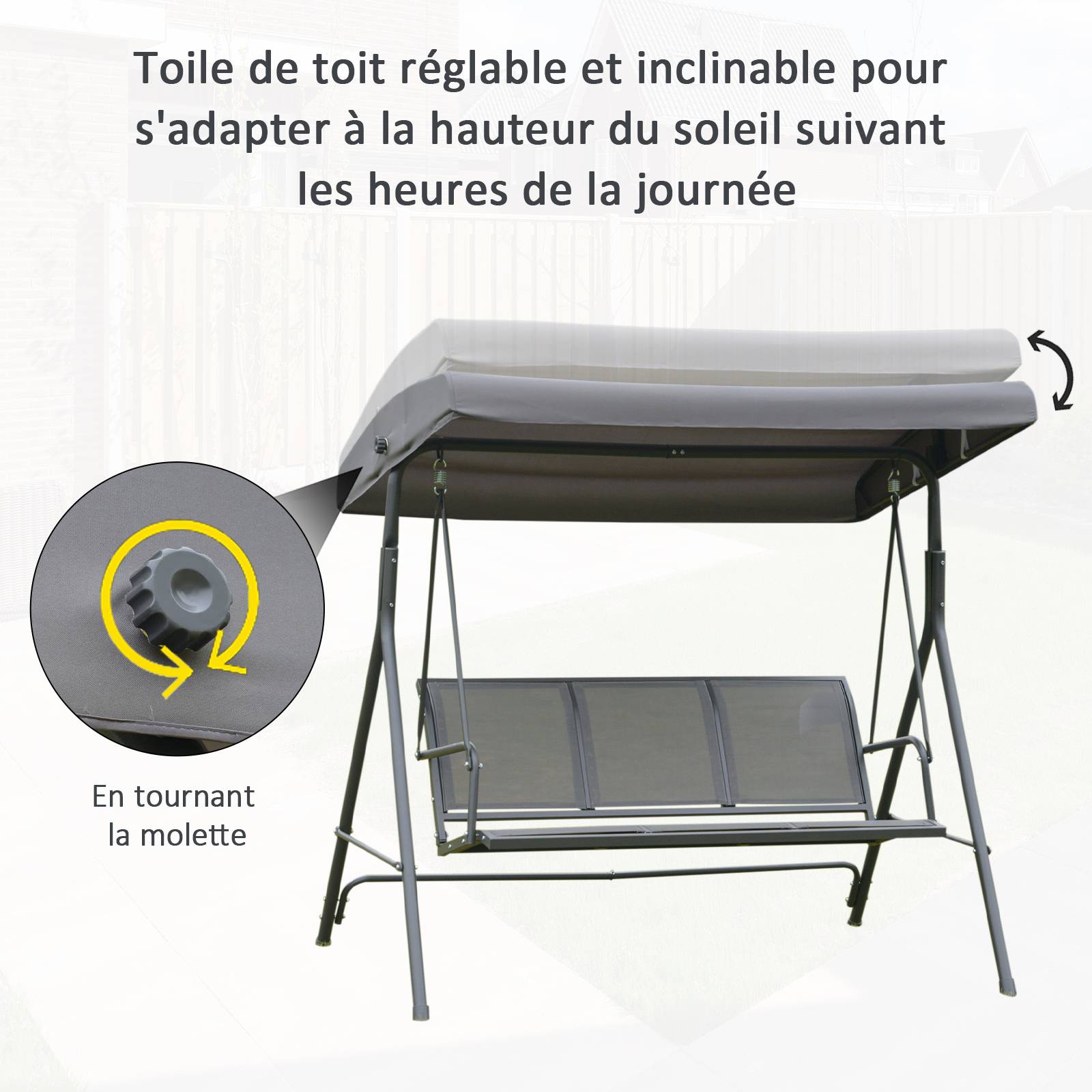 Outsunny - Balancelle de jardin 3 places grand confort toit inclinaison réglable assise et dossier ergonomique acier textilène gris - Outsunny - Image 4