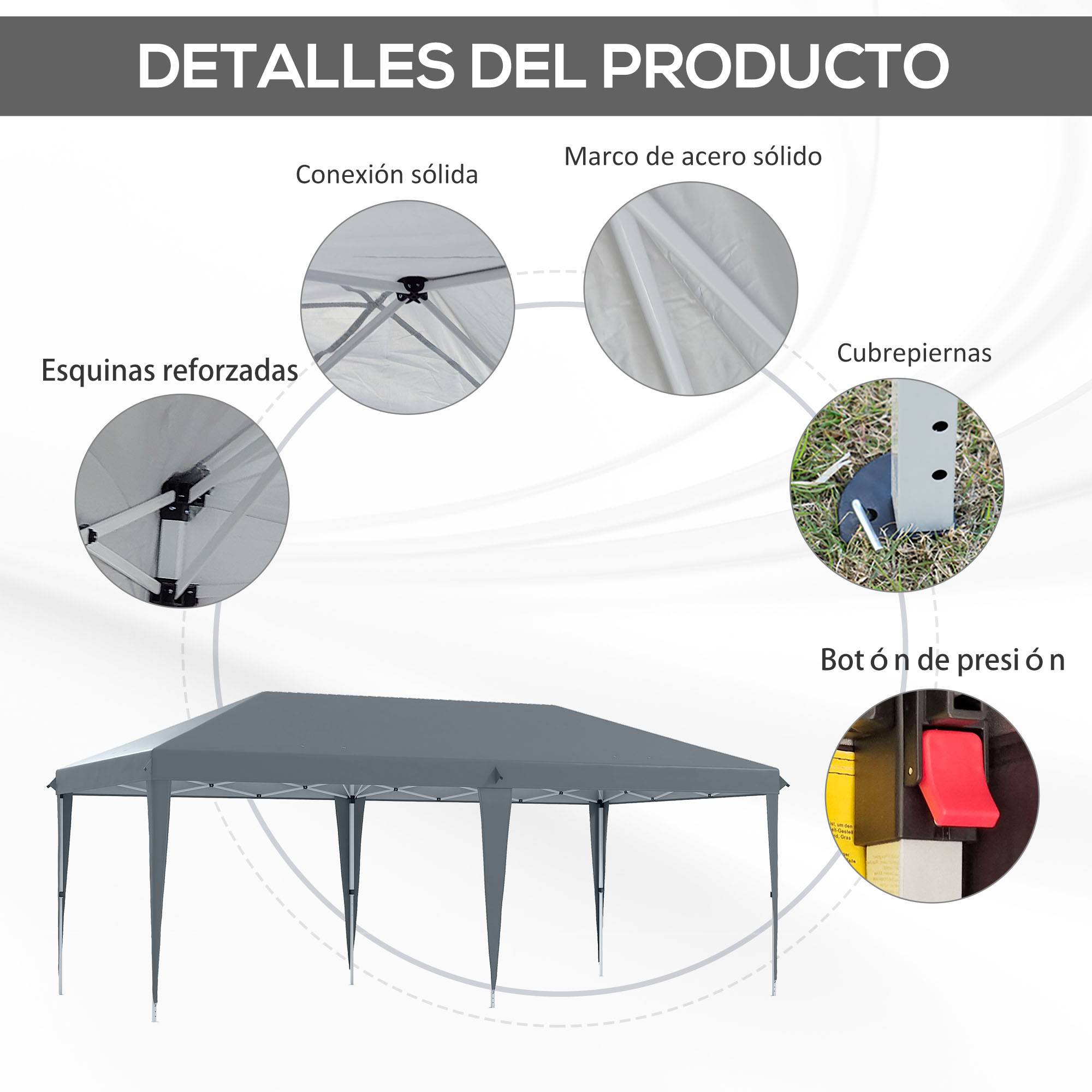 Tente-gazebo pliable 6 x 3 m avec 3 niveaux de hauteur réglables, toile anti-UV et sac de transport, gris clair - Image 7