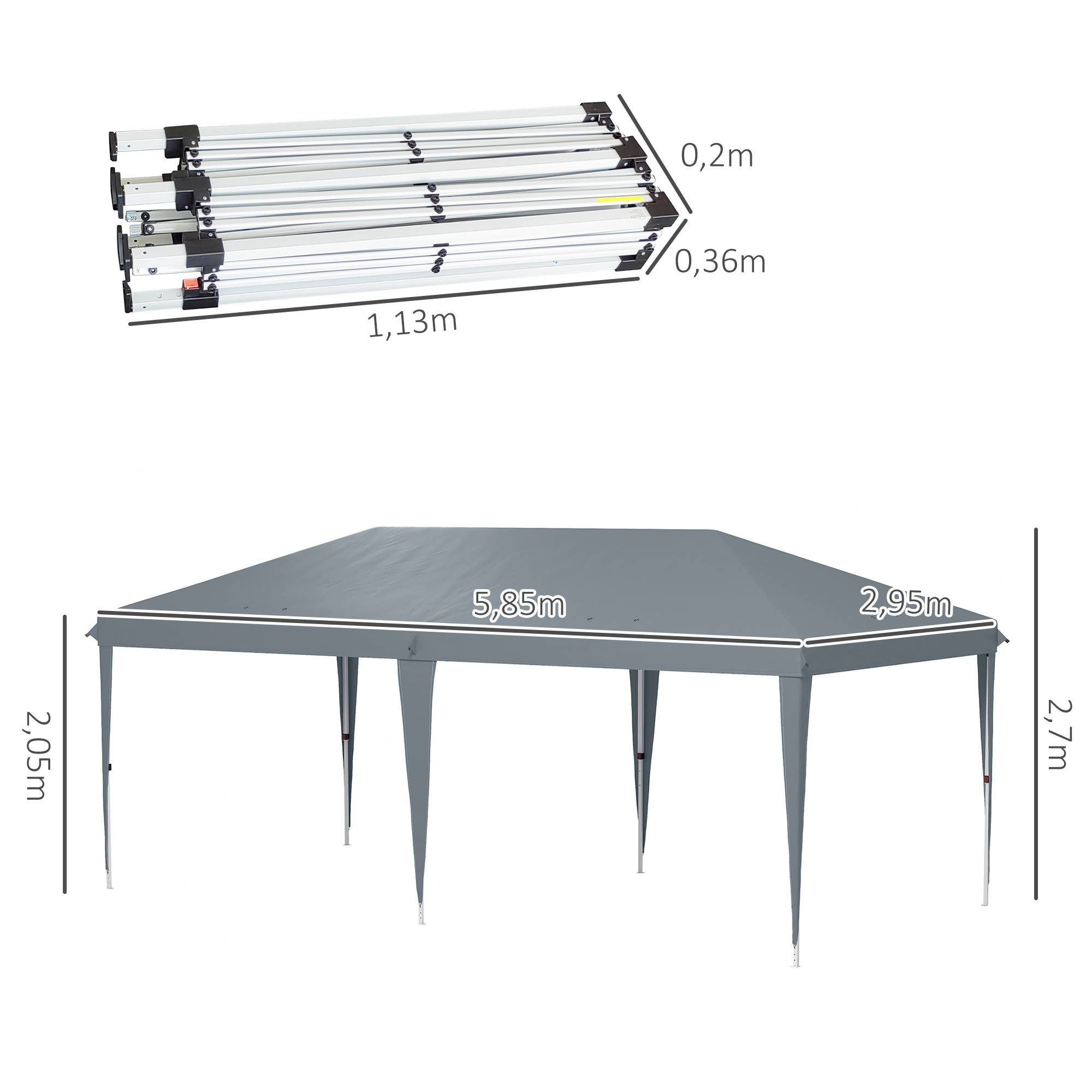 Tente-gazebo pliable 6 x 3 m avec 3 niveaux de hauteur réglables, toile anti-UV et sac de transport, gris clair - Image 5