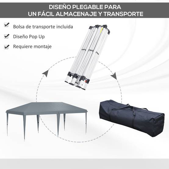 Tente-gazebo pliable 6 x 3 m avec 3 niveaux de hauteur réglables, toile anti-UV et sac de transport, gris clair - Image 6