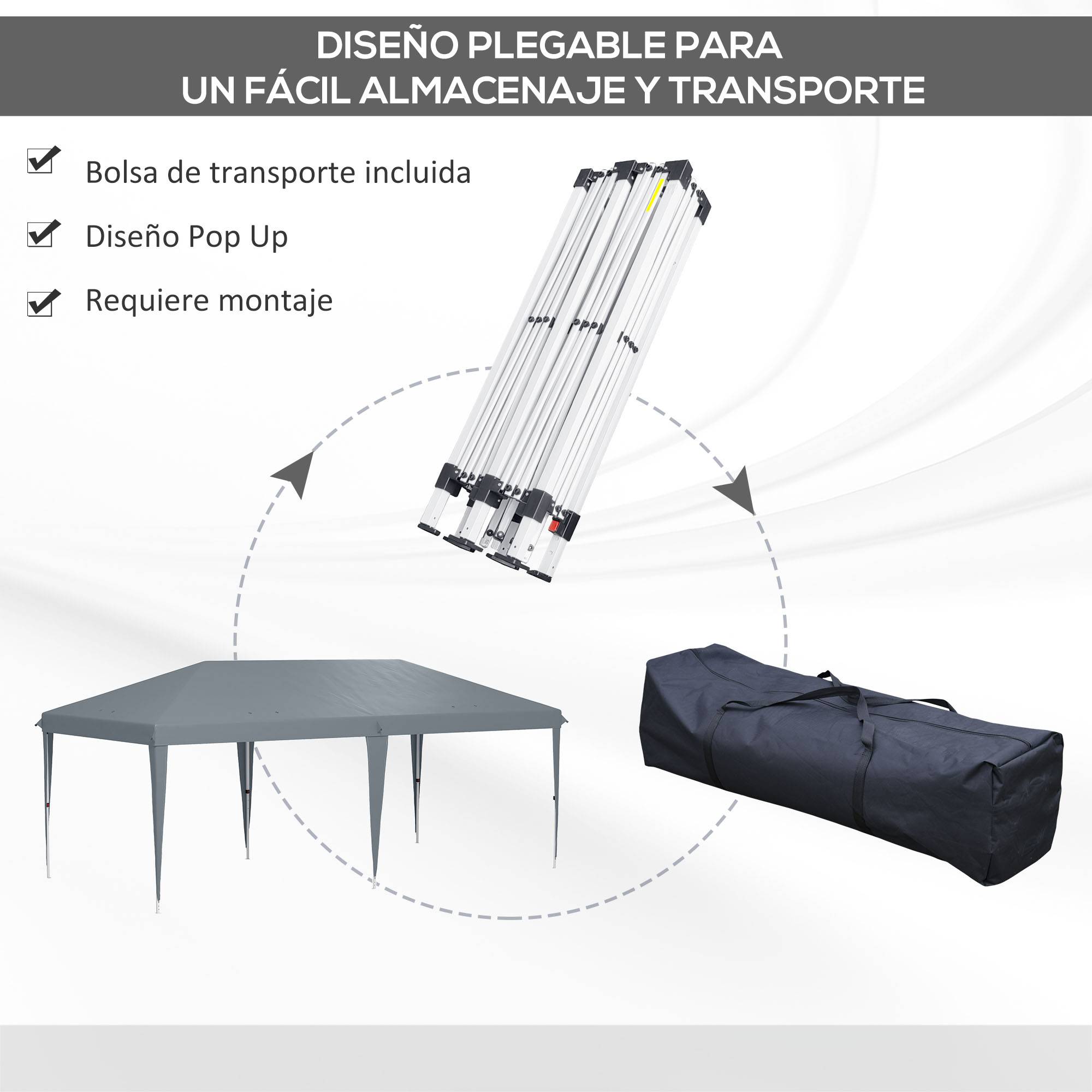 Tente-gazebo pliable 6 x 3 m avec 3 niveaux de hauteur réglables, toile anti-UV et sac de transport, gris clair - Image 6
