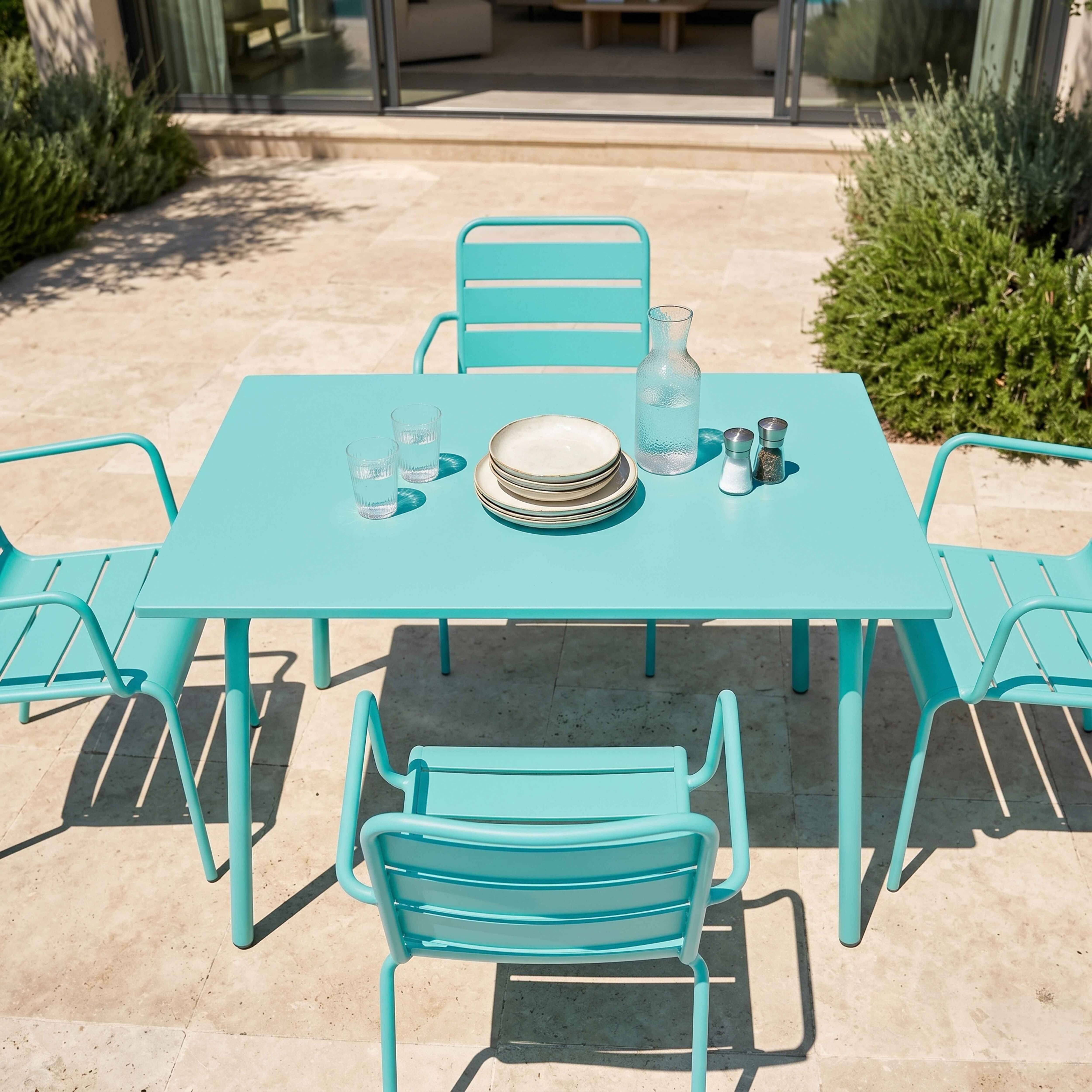 Oviala - Ensemble table de jardin et 4 fauteuils en métal turquoise Palavas - Oviala - Image 3