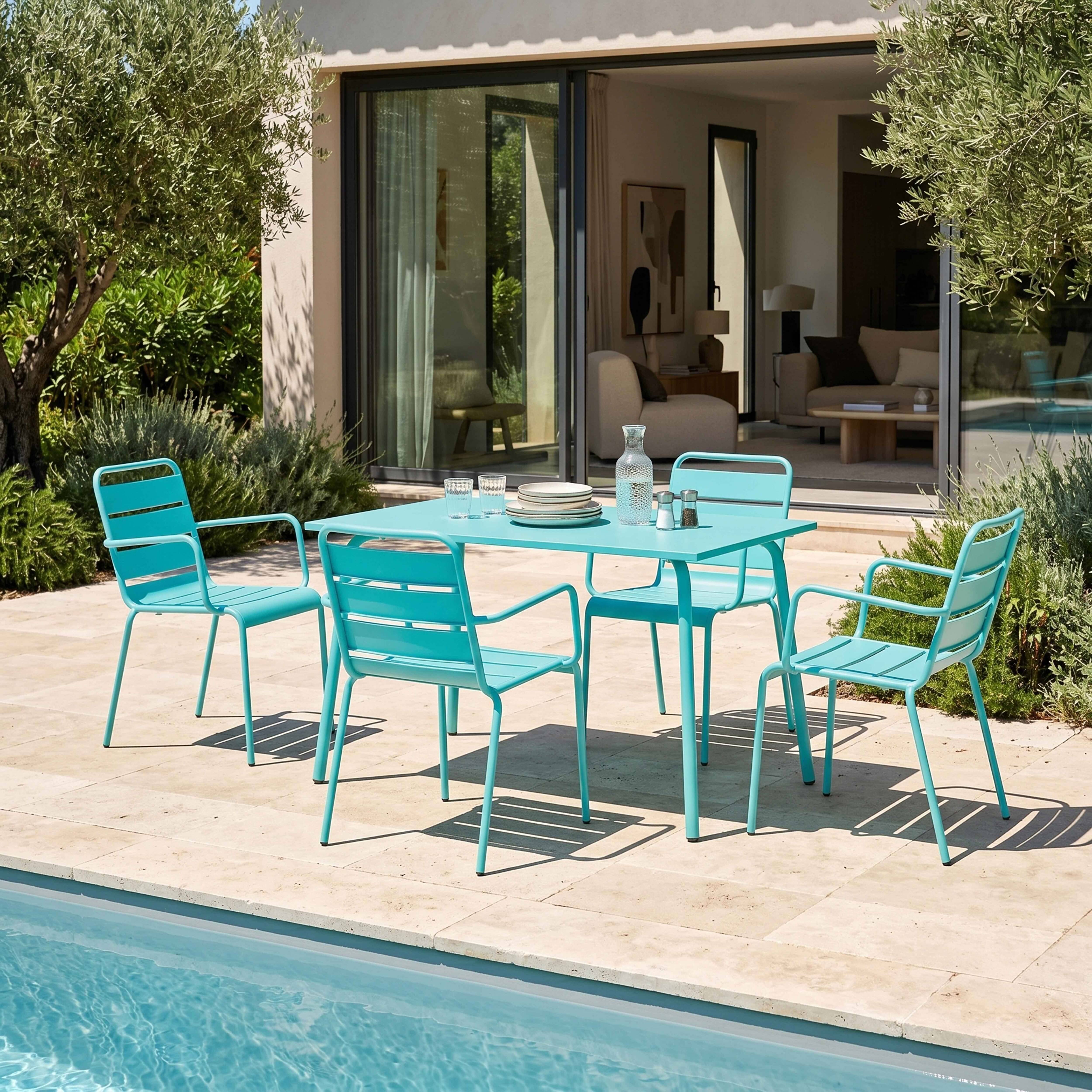 Oviala - Ensemble table de jardin et 4 fauteuils en métal turquoise Palavas - Oviala - Image 2