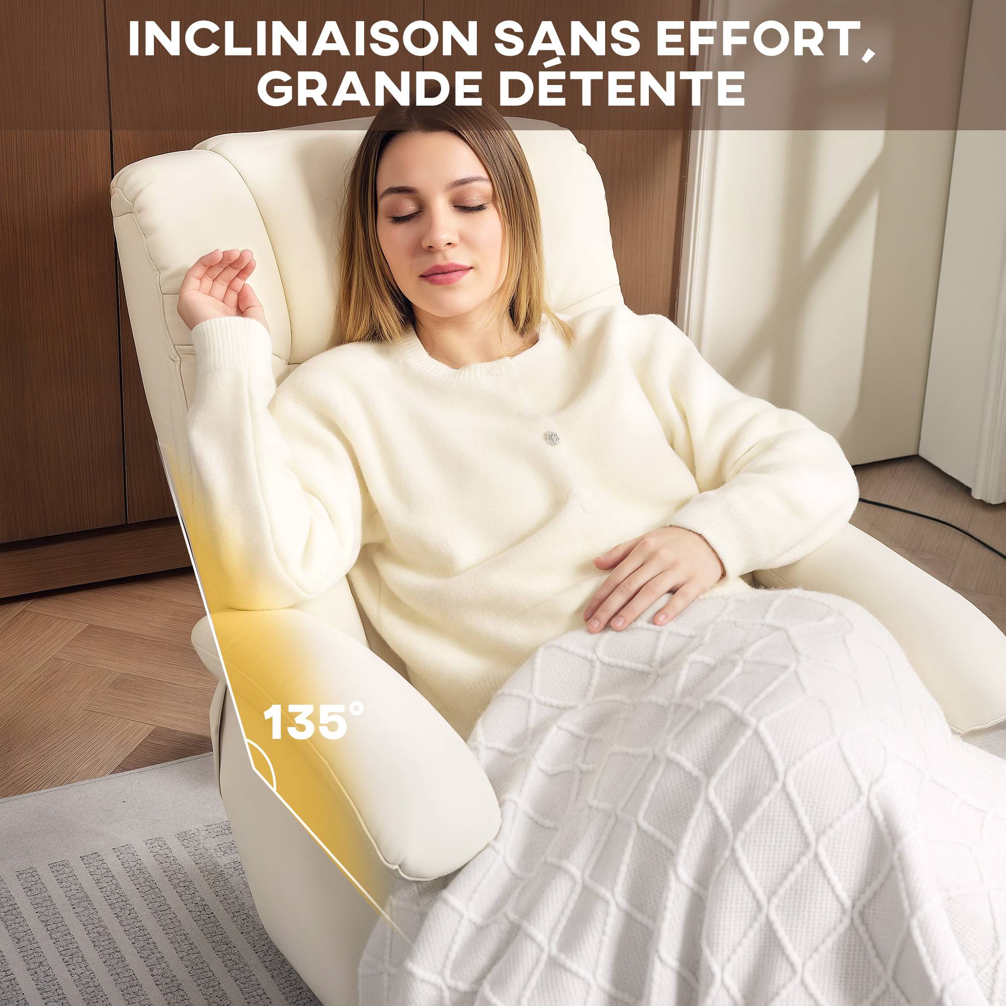 Sans Marque - Fauteuil relax avec repose-pied fauteuil de relaxation pivotant 360° dossier inclinable charge 120 Kg crème - Image 6