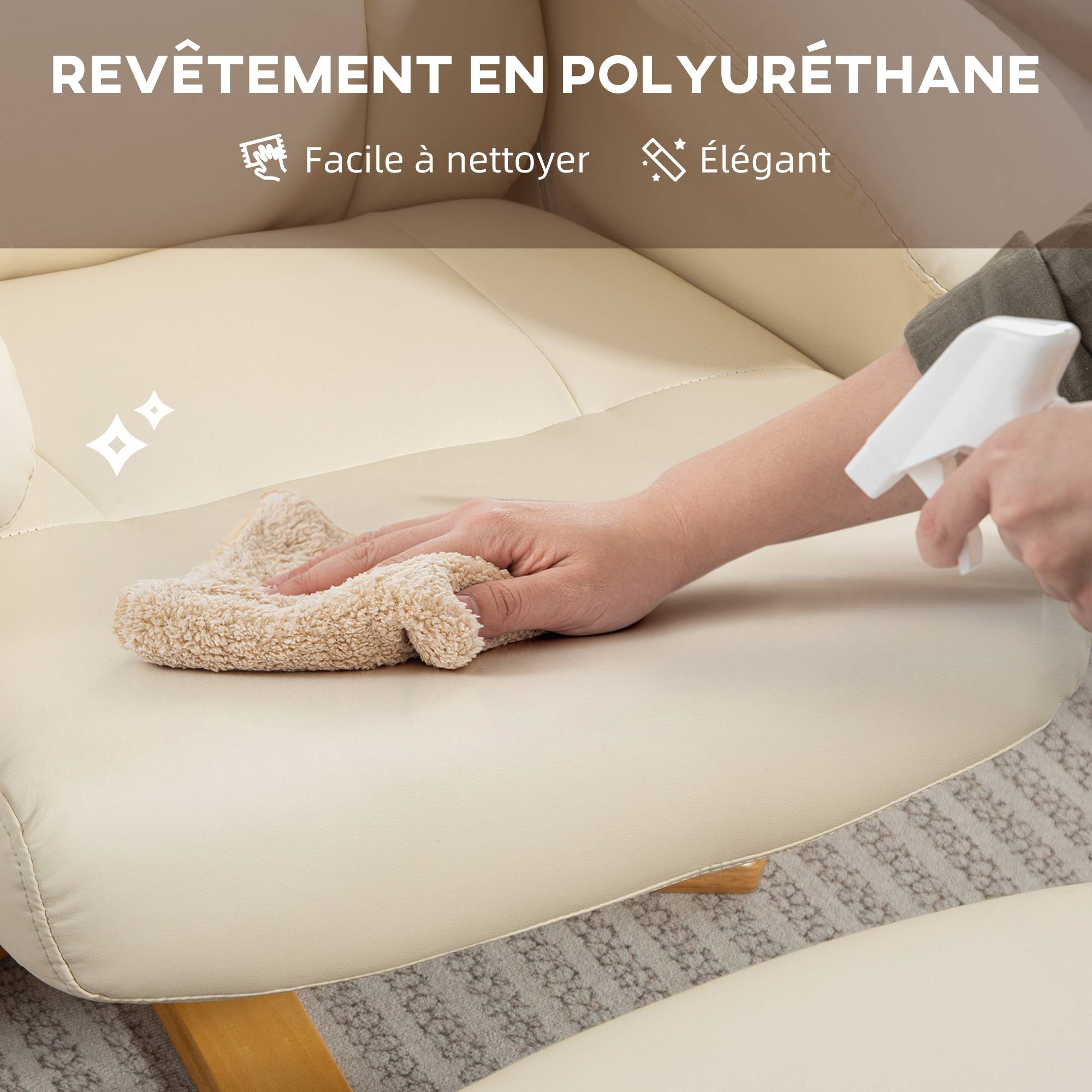 Sans Marque - Fauteuil relax avec repose-pied fauteuil de relaxation pivotant 360° dossier inclinable charge 120 Kg crème - Image 9