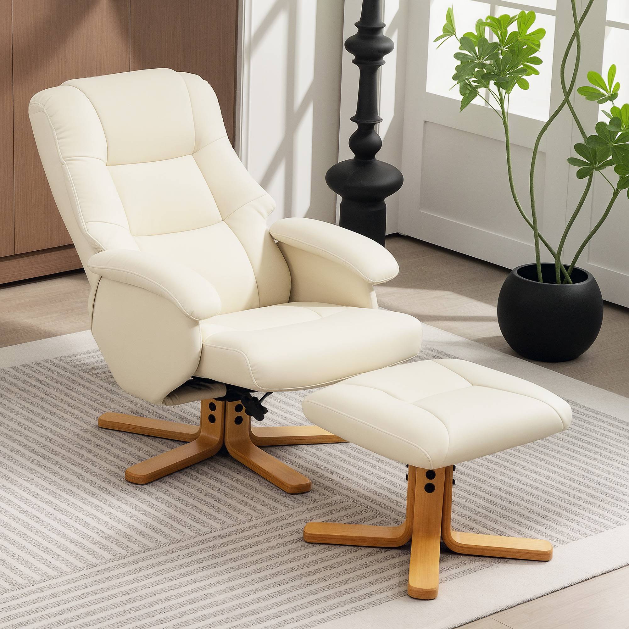 Sans Marque - Fauteuil relax avec repose-pied fauteuil de relaxation pivotant 360° dossier inclinable charge 120 Kg crème - Image 3
