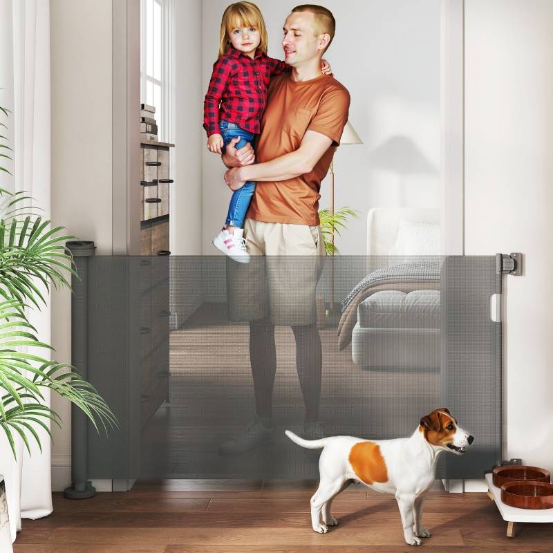 Barrière Sécurité Extensible Maille Escaliers Portes Chiens 136cm Gris - ComfortXL Pet Living - Image 1