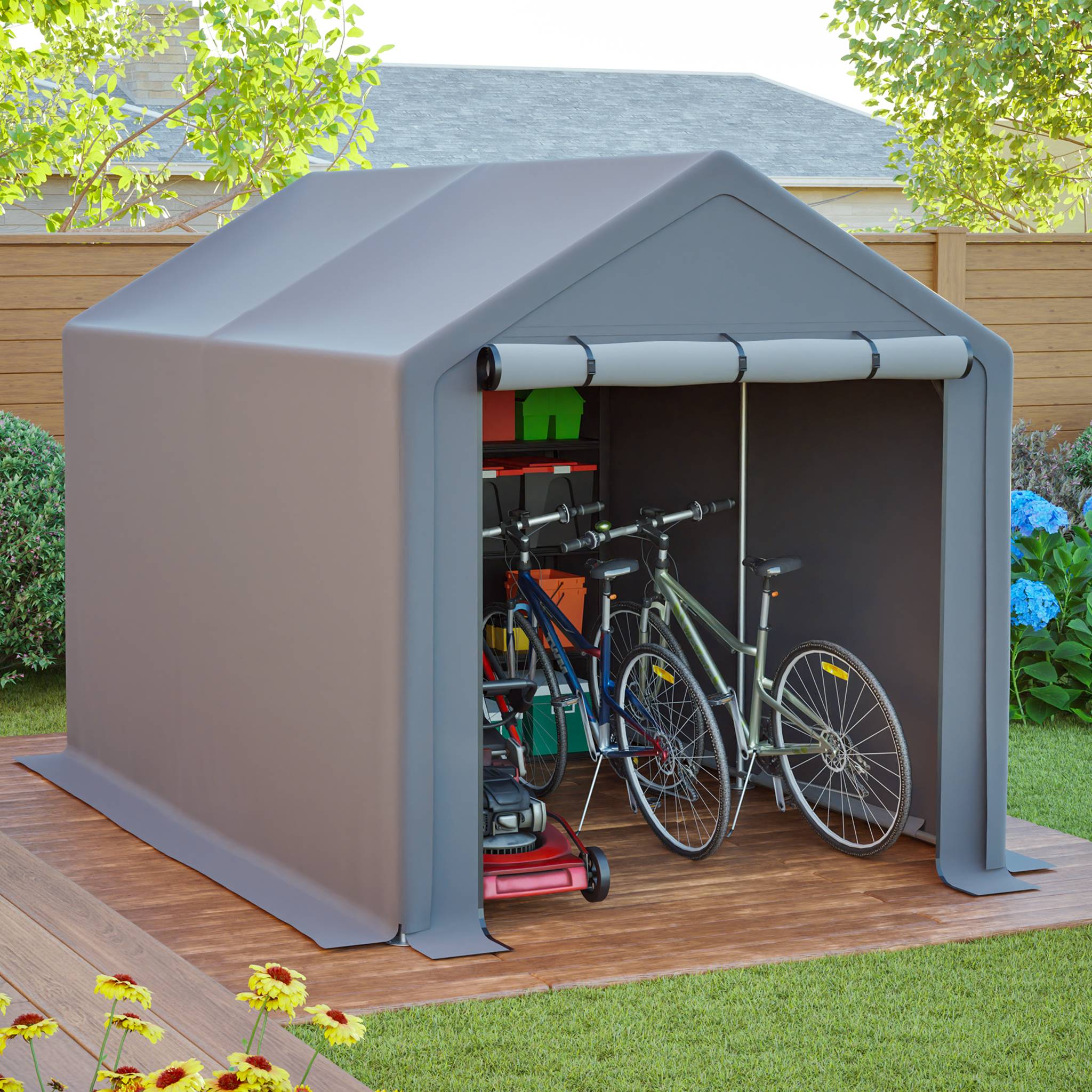 Abri multifonction gris foncé 296×190×200cm, garage à vélos, abri de jardin, tente à outils et tente de stockage - Image 1