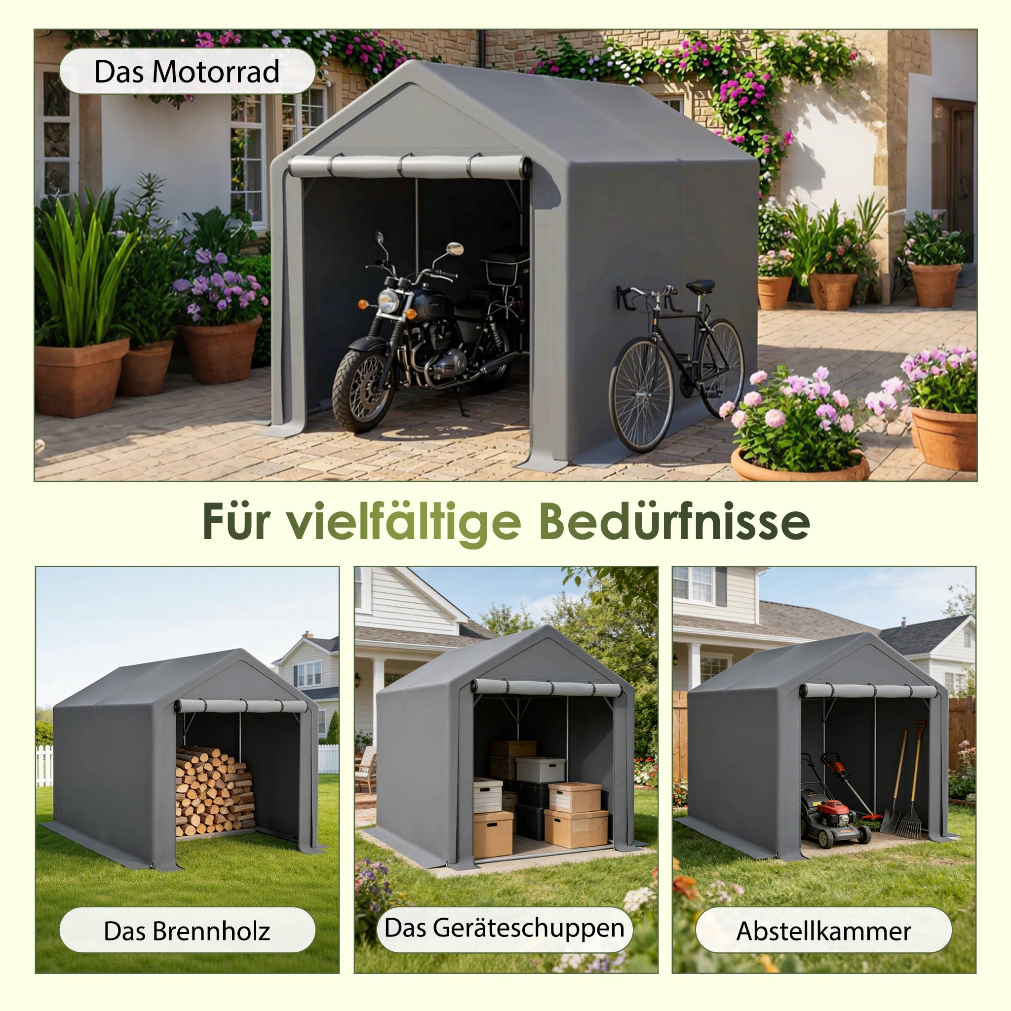 Abri multifonction gris foncé 296×190×200cm, garage à vélos, abri de jardin, tente à outils et tente de stockage - Image 3