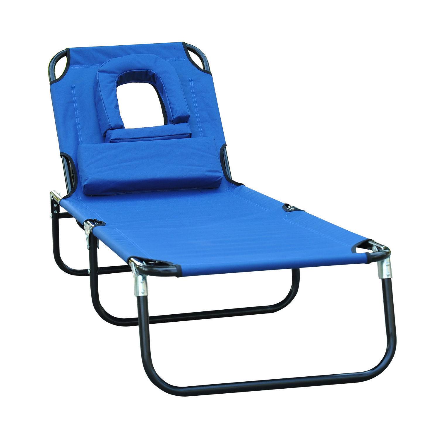 Transat pliant de jardin bleu avec appui-tête, dossier réglable 4 positions, ouverture visage, charge max 120 kg - Image 2