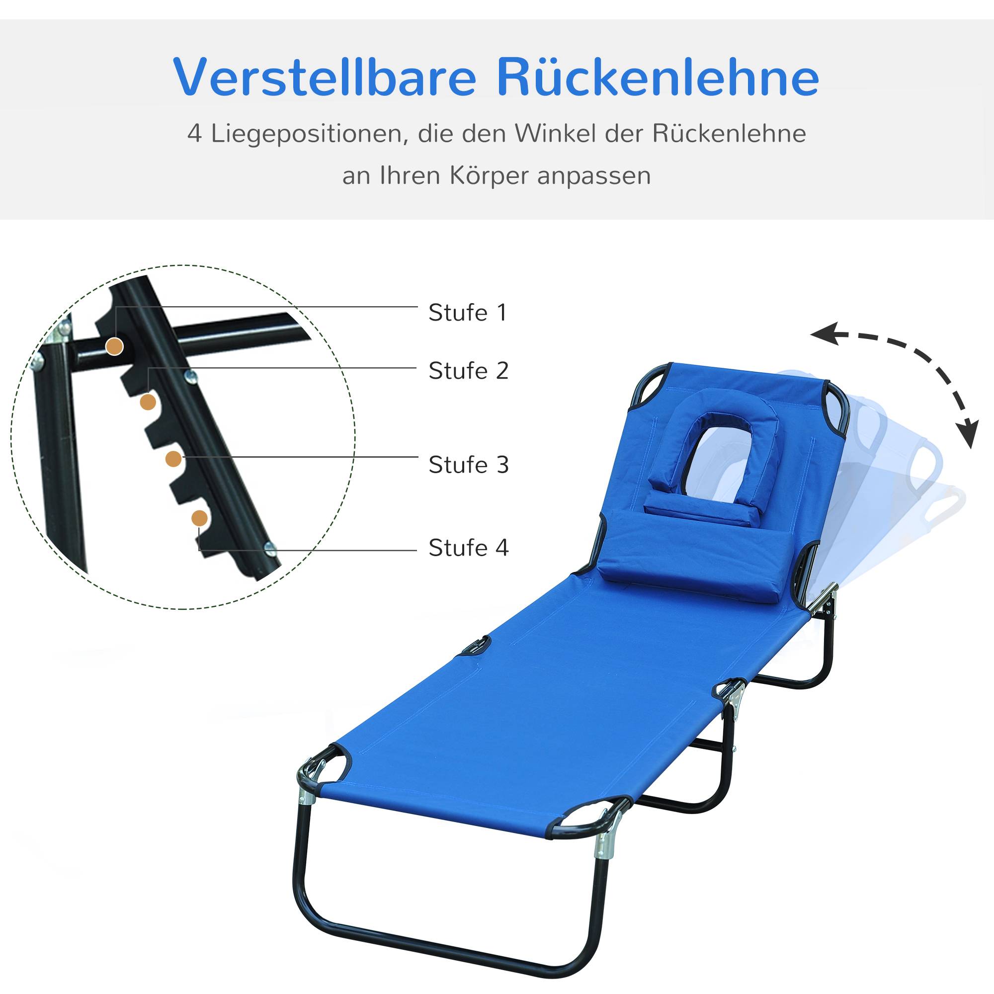 Transat pliant de jardin bleu avec appui-tête, dossier réglable 4 positions, ouverture visage, charge max 120 kg - Image 6