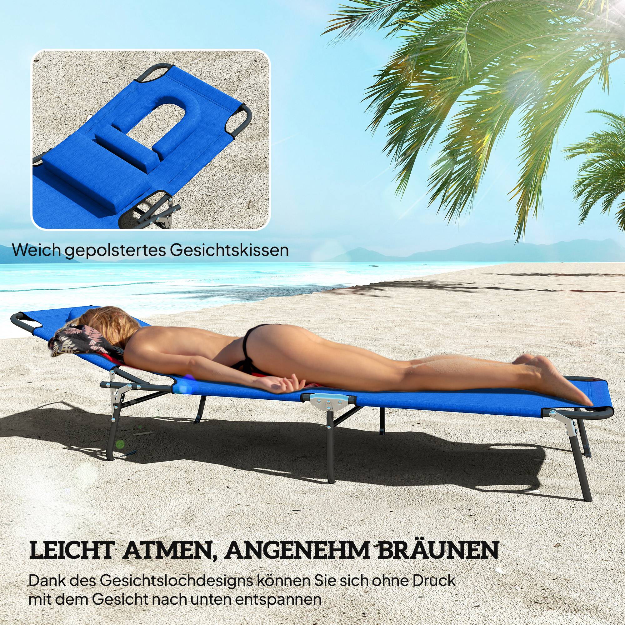 Transat pliant de jardin bleu avec appui-tête, dossier réglable 4 positions, ouverture visage, charge max 120 kg - Image 9