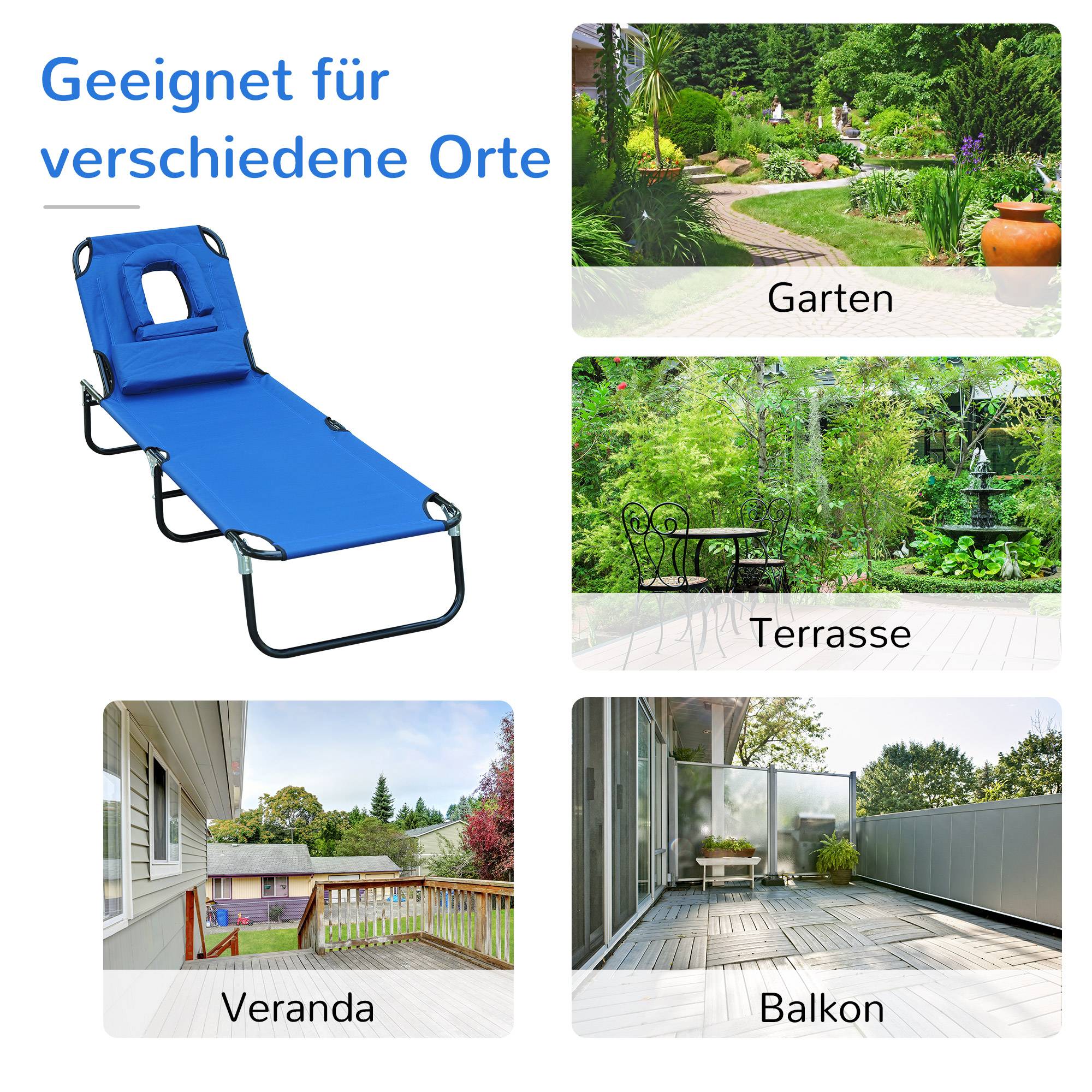 Transat pliant de jardin bleu avec appui-tête, dossier réglable 4 positions, ouverture visage, charge max 120 kg - Image 7