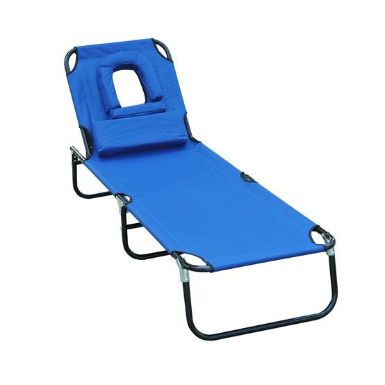 Transat pliant de jardin bleu avec appui-tête, dossier réglable 4 positions, ouverture visage, charge max 120 kg - Image 1