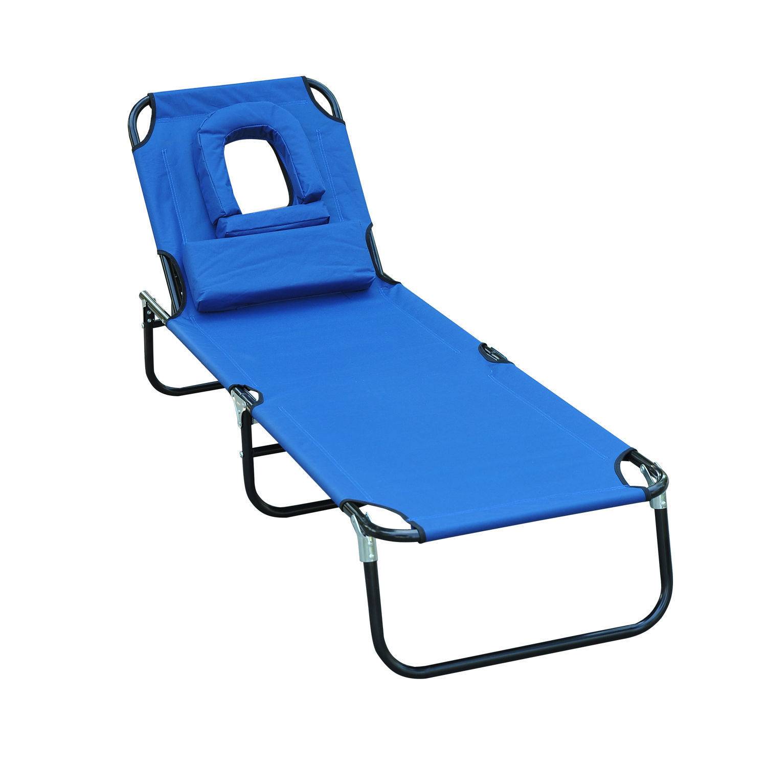 Transat pliant de jardin bleu avec appui-tête, dossier réglable 4 positions, ouverture visage, charge max 120 kg - Image 1