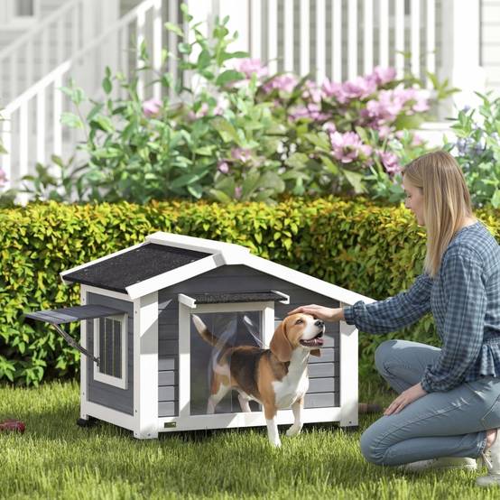 Niche pour chien bois de sapin extérieur étanche avec fenêtre 98x76x69,5cm gris - ComfortXL Outdoor Living - Image 1