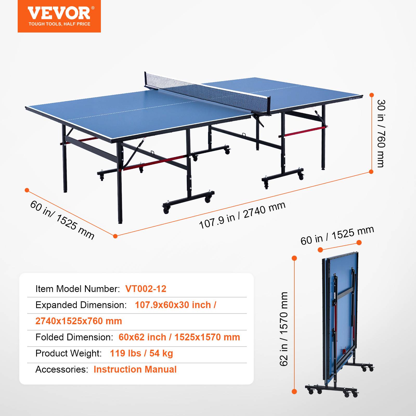 Vevor - VEVOR Table ping-pong pliable, MDF 12 mm. Filet rapide, roues verrouillables. Intérieur. - Image 7