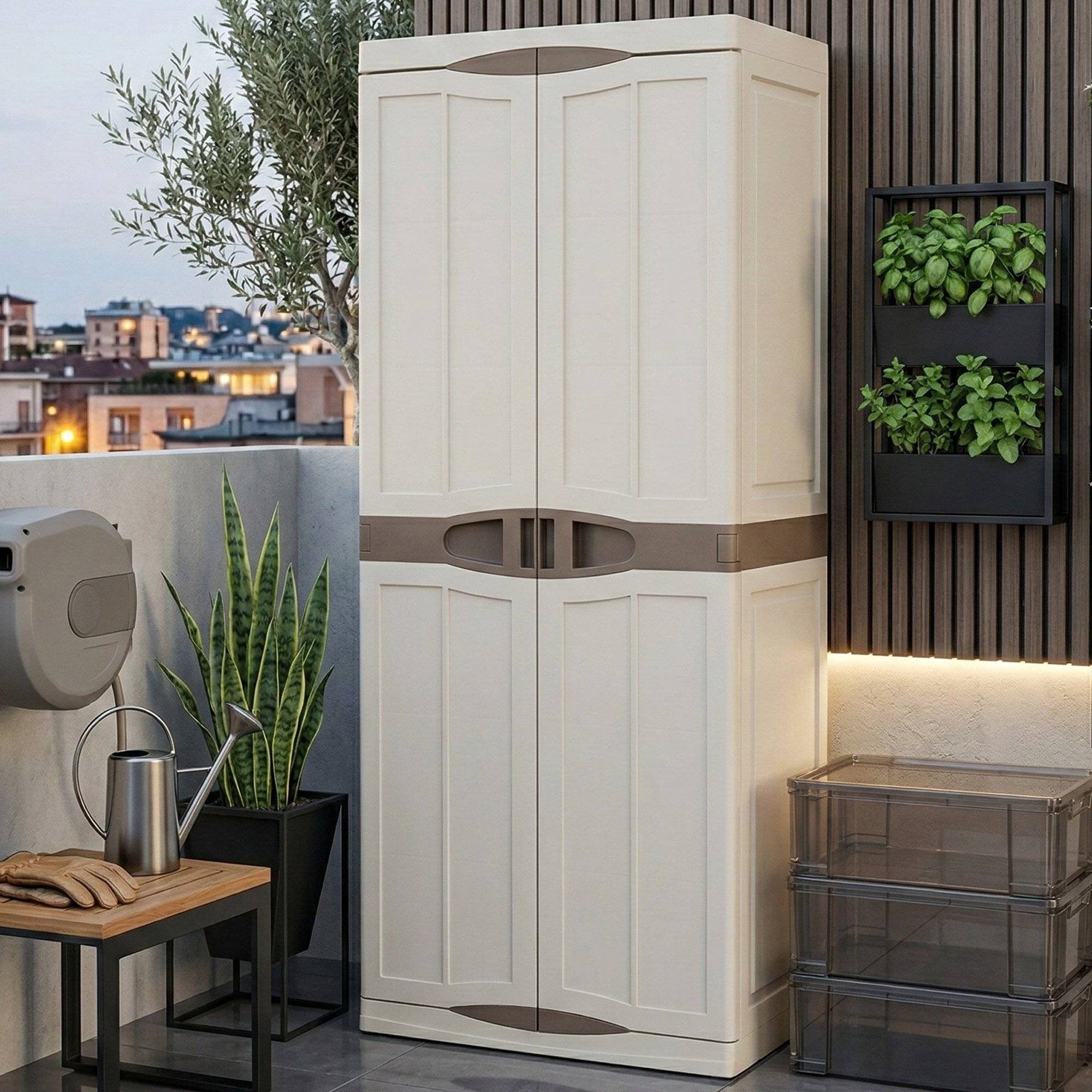 Dmora - Armoire d'extérieur Dbattistin, Armoire de balcon polyvalente, Armoire d'extérieur 2 portes, Beige et Marron, Finition élégante, 70x47h179 cm - Dmora - Image 2