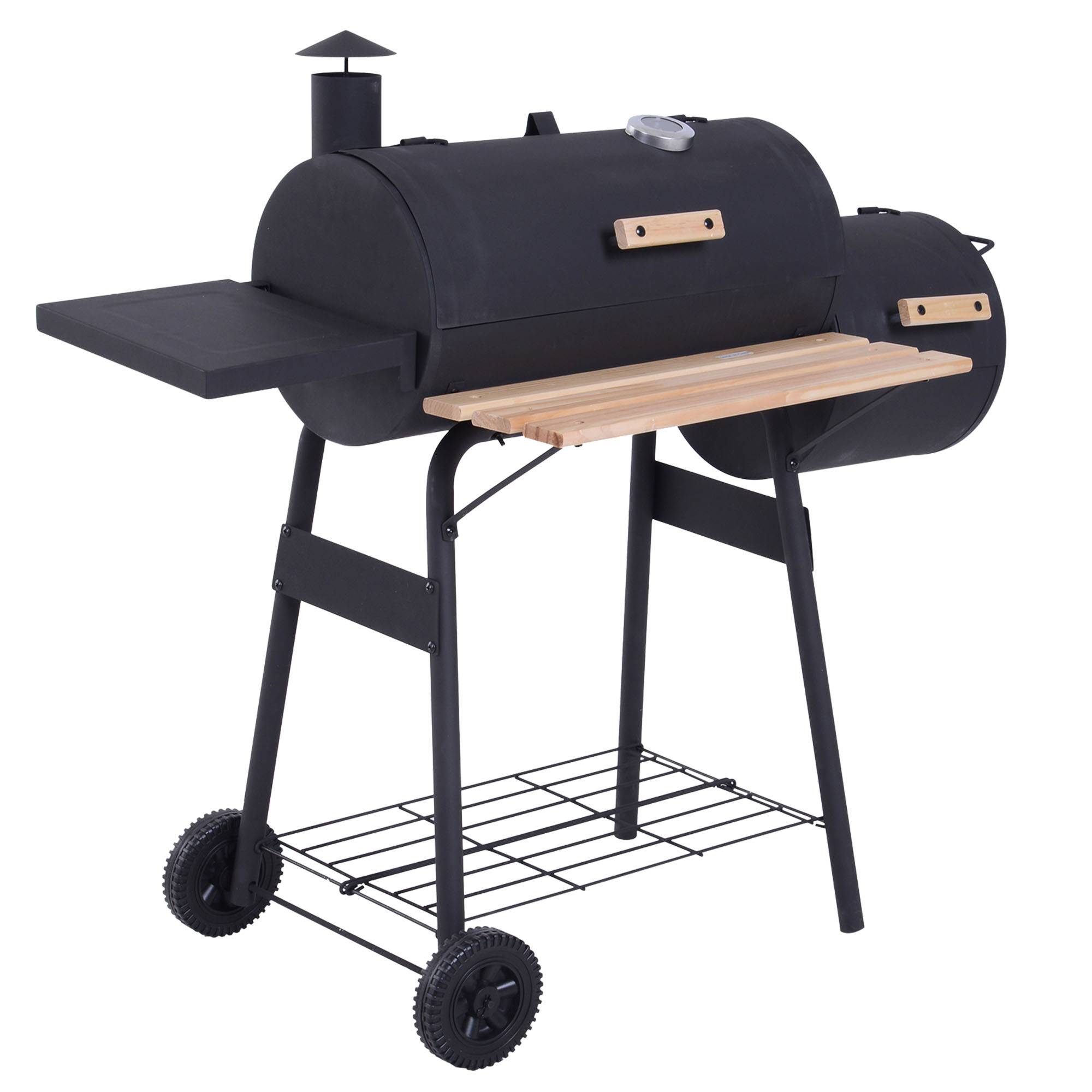 Outsunny - Barbecue à charbon fumoir BBQ grill smoker sur pied avec couvercle, roulettes, thermomètre, étagères  acier laminé à froid noir - Outsunny - Image 1