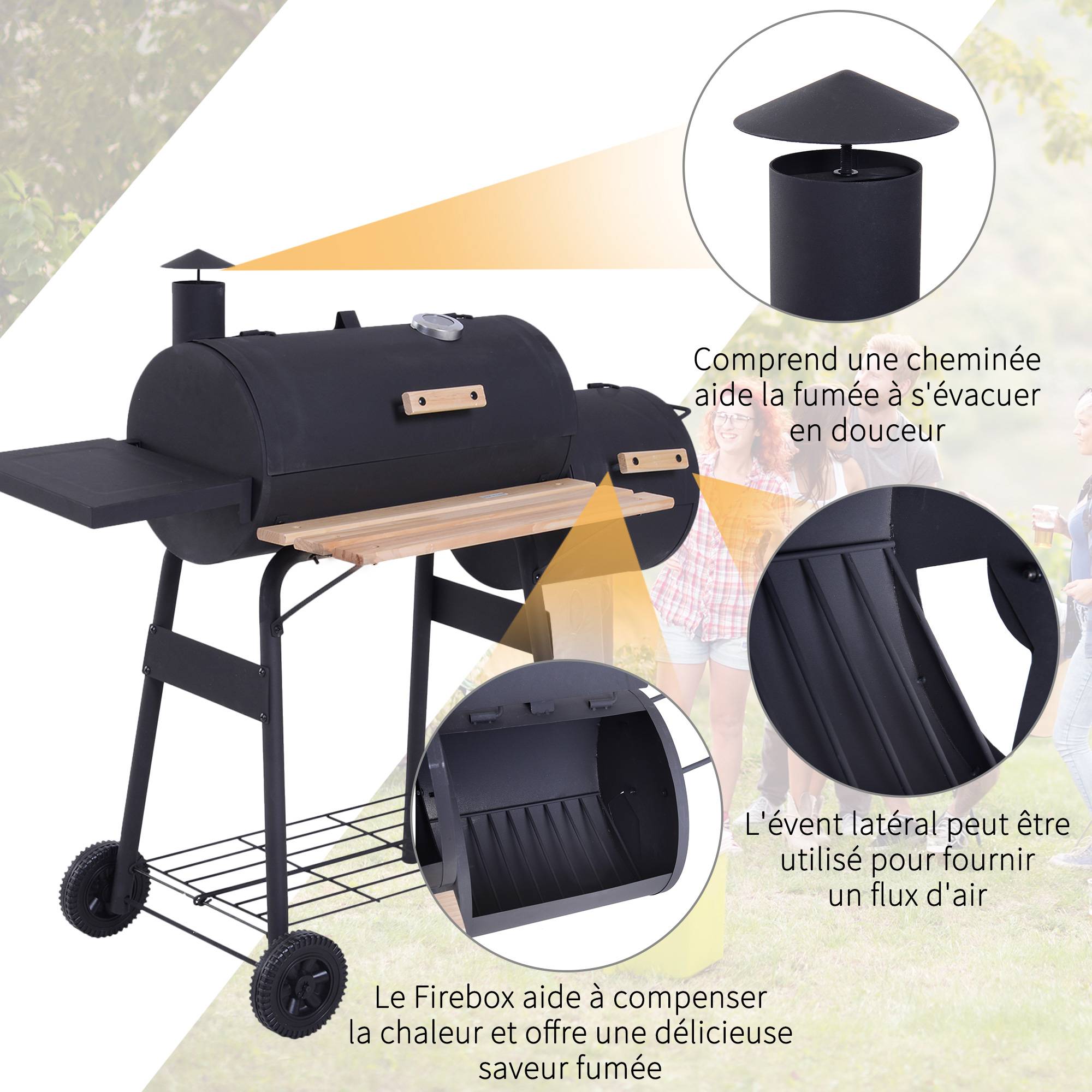 Outsunny - Barbecue à charbon fumoir BBQ grill smoker sur pied avec couvercle, roulettes, thermomètre, étagères  acier laminé à froid noir - Outsunny - Image 6