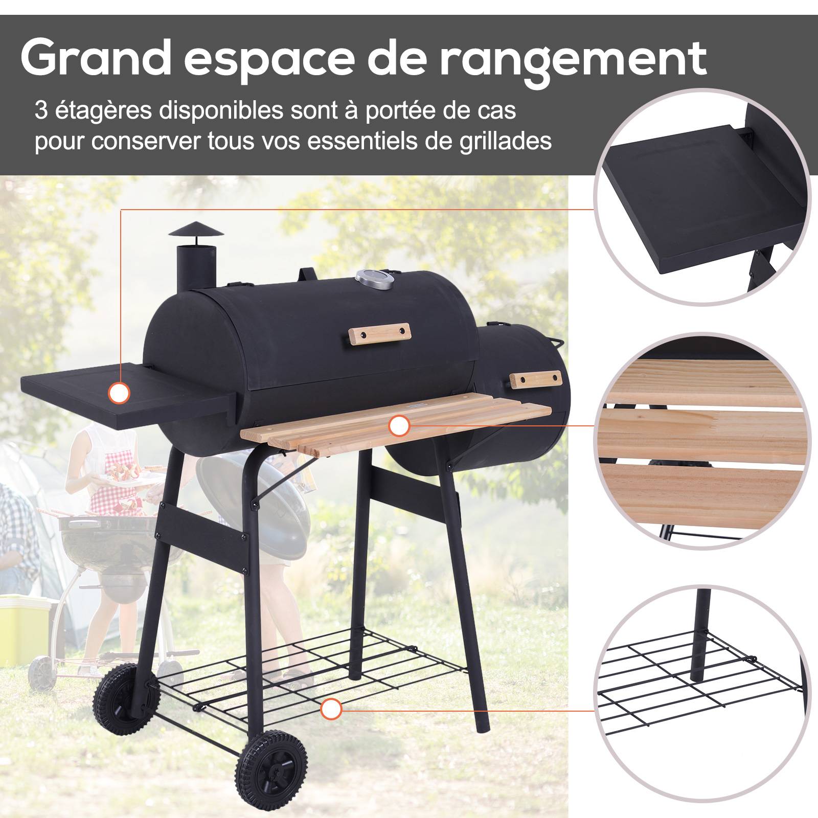 Outsunny - Barbecue à charbon fumoir BBQ grill smoker sur pied avec couvercle, roulettes, thermomètre, étagères  acier laminé à froid noir - Outsunny - Image 7