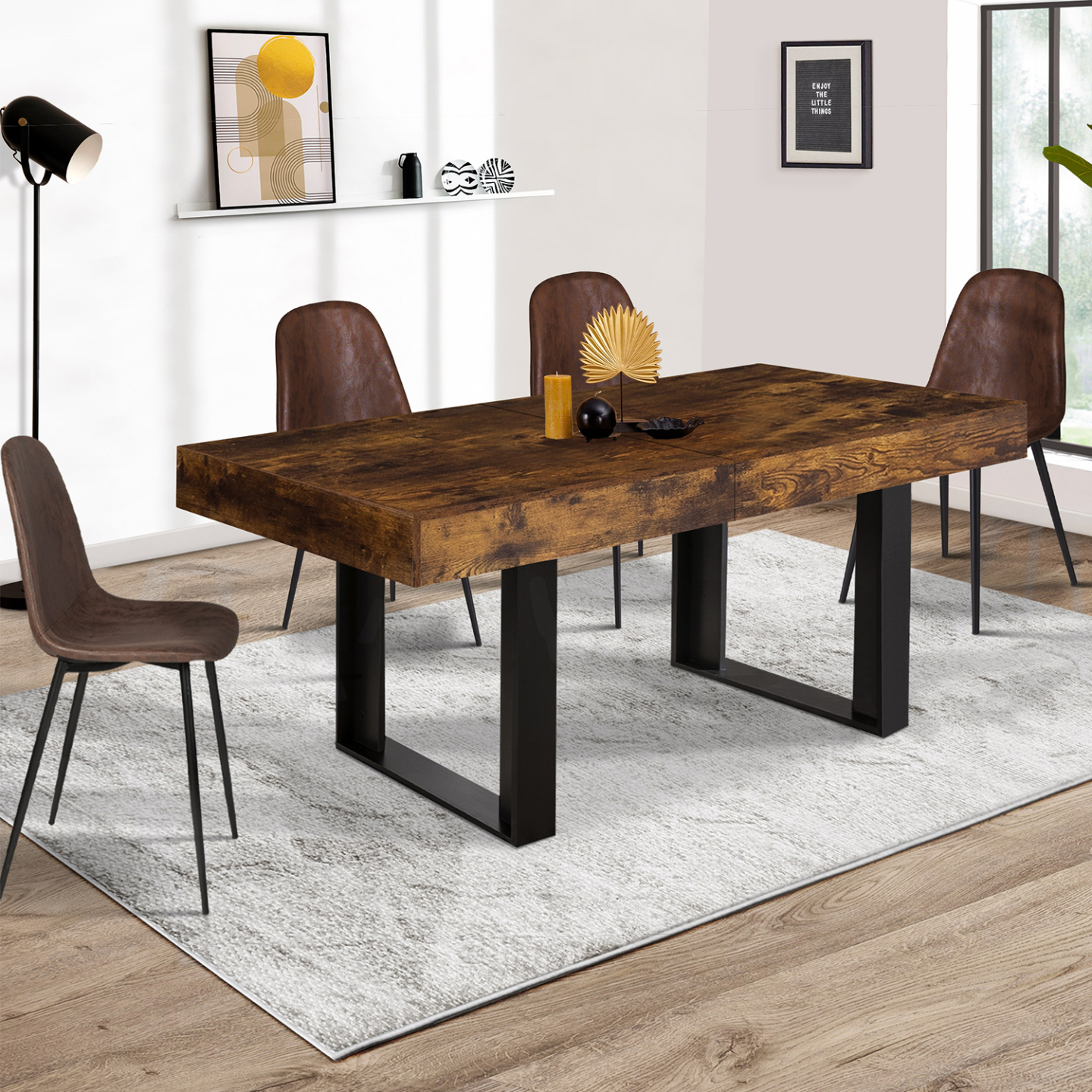 Table à manger extensible rectangle PHOENIX 4-8 personnes bois effet vieilli et noir 160-200 cm - Image 4