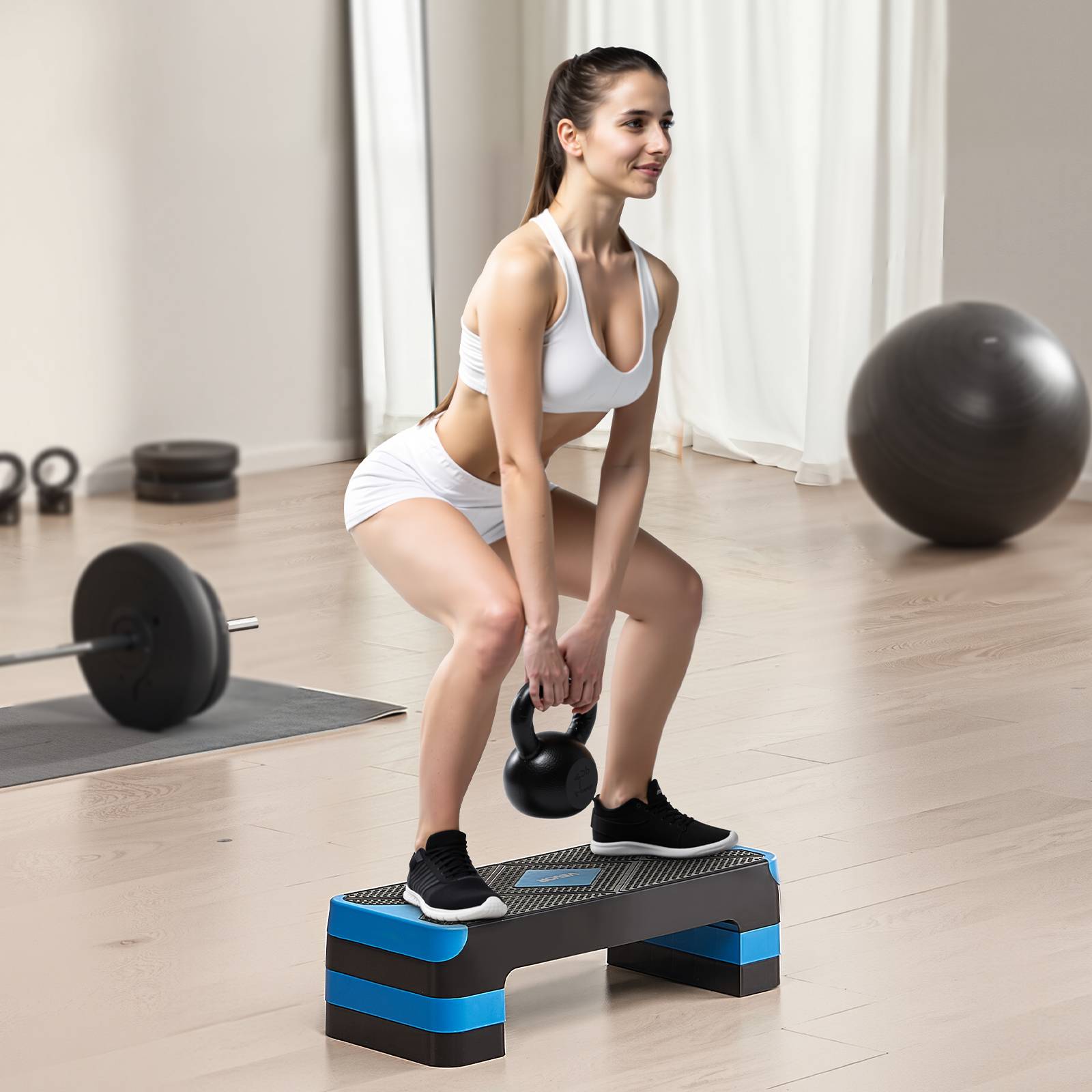 Vevor - VEVOR Stepper aérobie 71 cm, plateforme réglable 10–20 cm, antidérapant, 4 rehausseurs, support 250 kg, bleu - Image 8