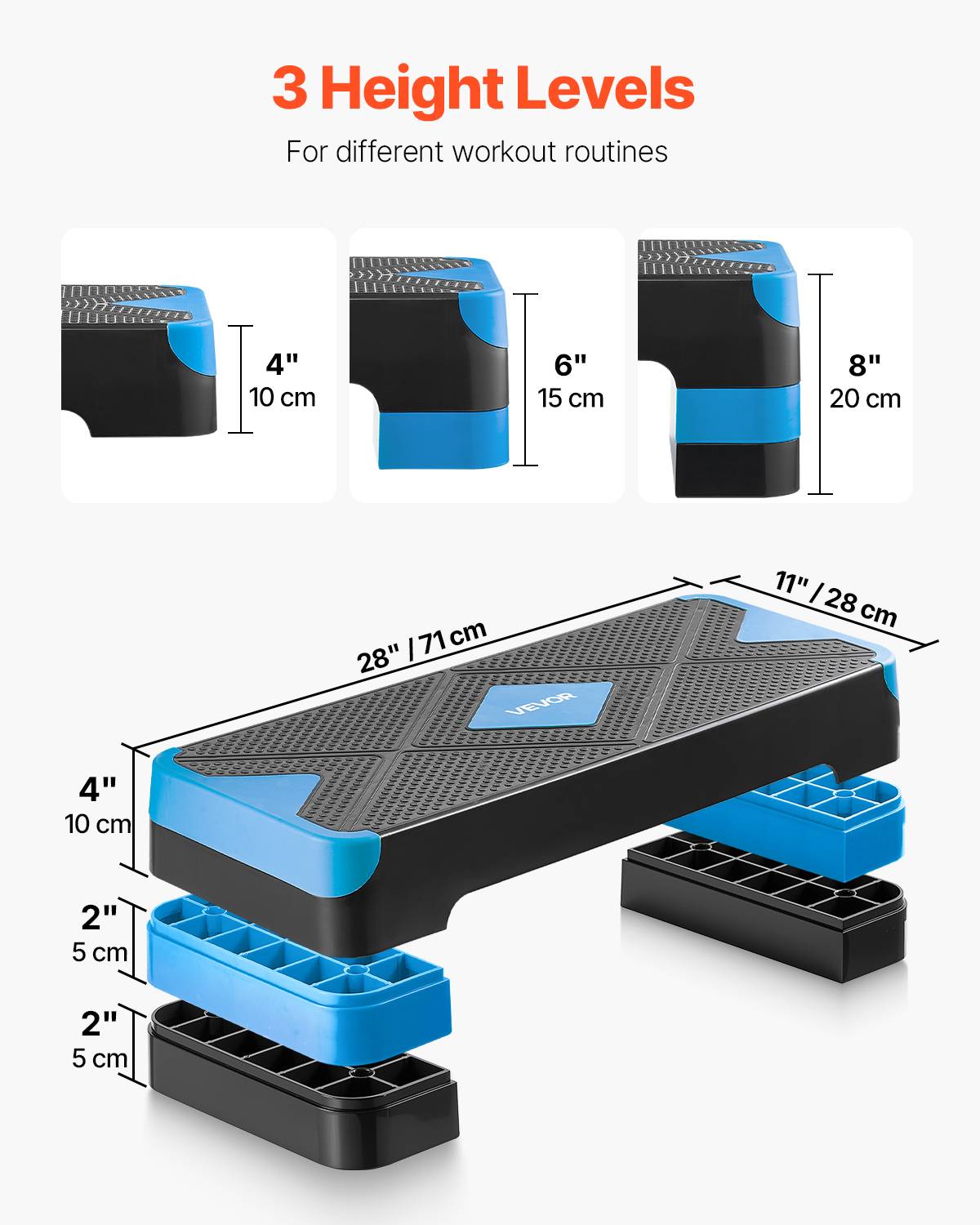 Vevor - VEVOR Stepper aérobie 71 cm, plateforme réglable 10–20 cm, antidérapant, 4 rehausseurs, support 250 kg, bleu - Image 4