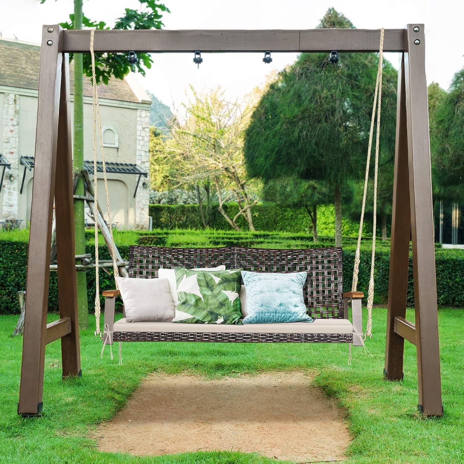 Balançoire de Jardin en Rotin à 2 Places,Banc Suspendu avec 2 Cordes de 300 CM,Charge 360 KG(Beige) - Image 8