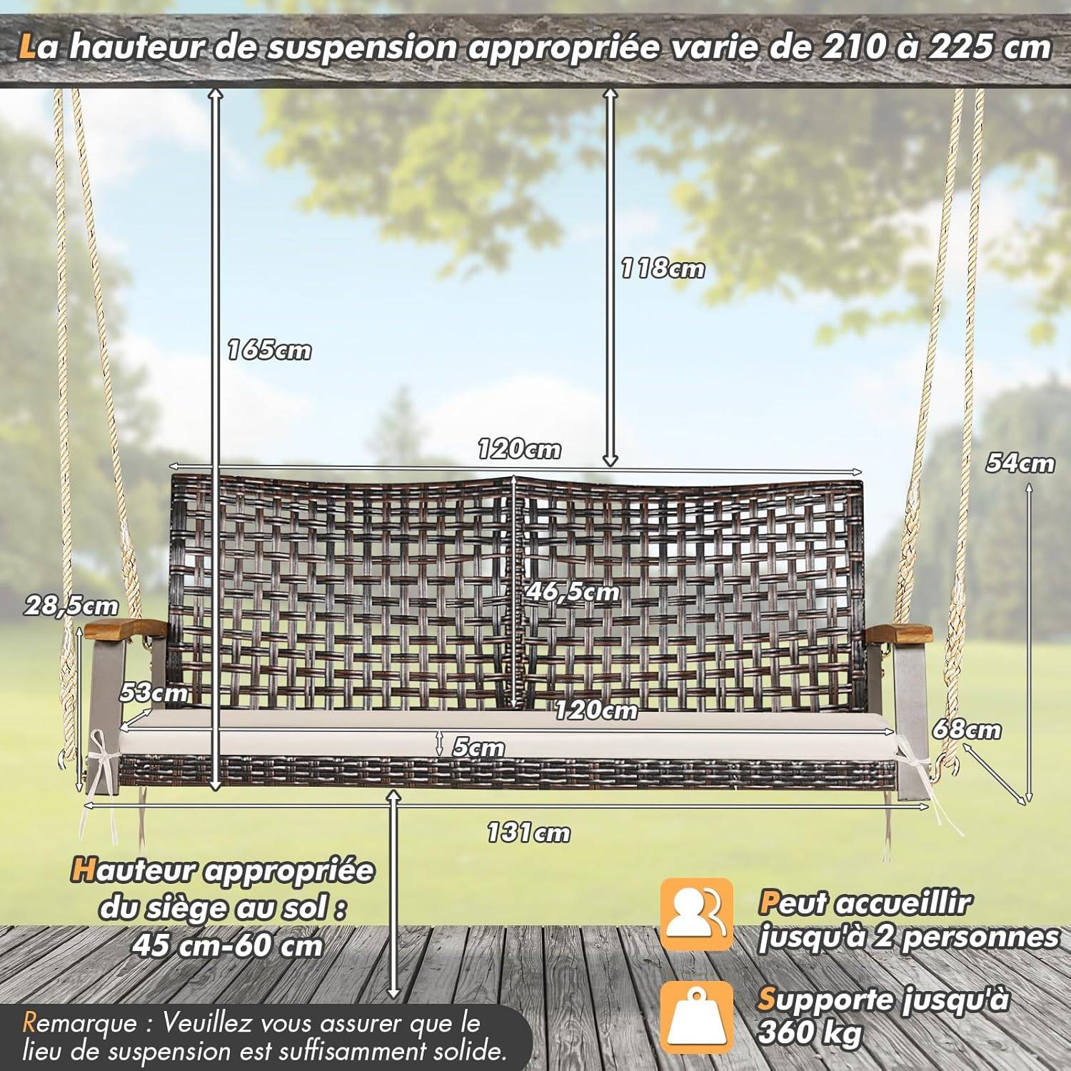 Balançoire de Jardin en Rotin à 2 Places,Banc Suspendu avec 2 Cordes de 300 CM,Charge 360 KG(Beige) - Image 4