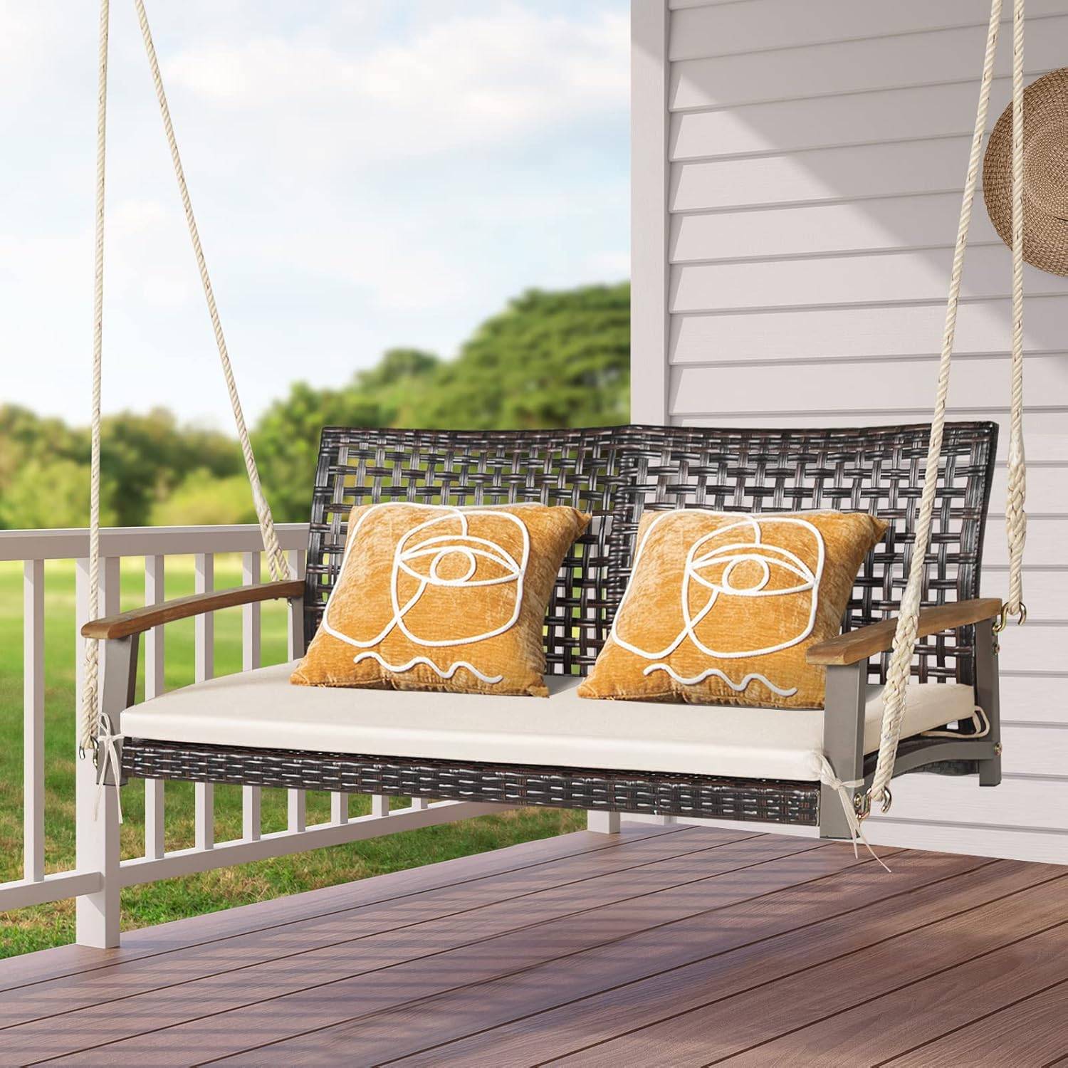 Balançoire de Jardin en Rotin à 2 Places,Banc Suspendu avec 2 Cordes de 300 CM,Charge 360 KG(Beige) - Image 9