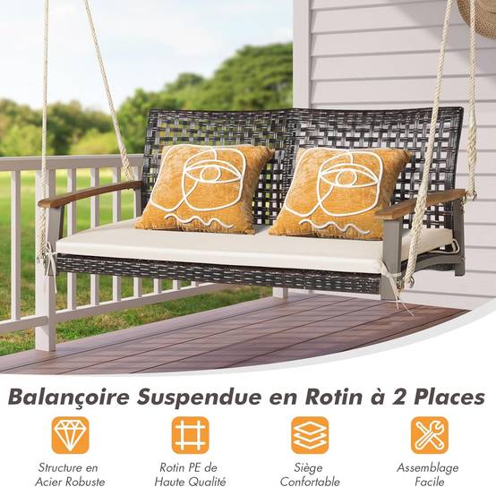 Balançoire de Jardin en Rotin à 2 Places,Banc Suspendu avec 2 Cordes de 300 CM,Charge 360 KG(Beige) - Image 2