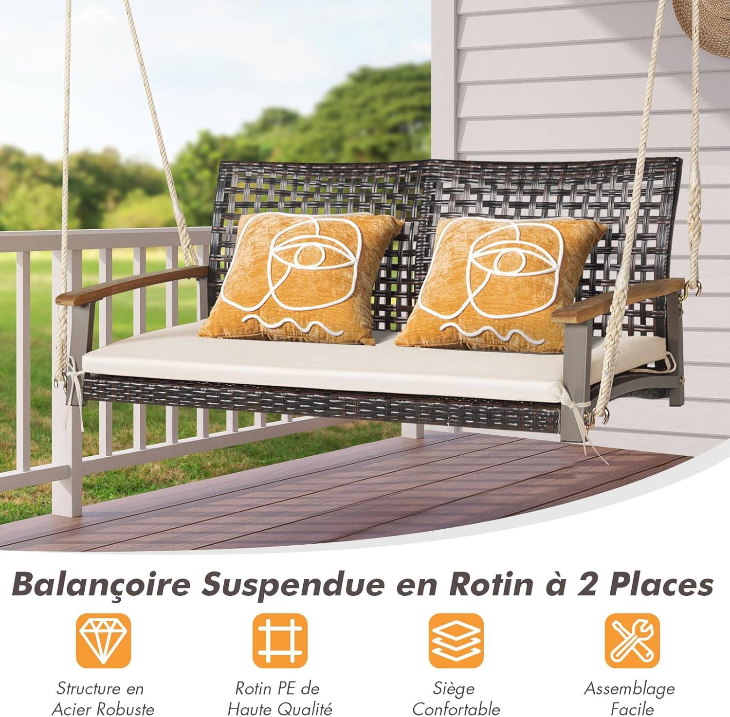Balançoire de Jardin en Rotin à 2 Places,Banc Suspendu avec 2 Cordes de 300 CM,Charge 360 KG(Beige) - Image 2