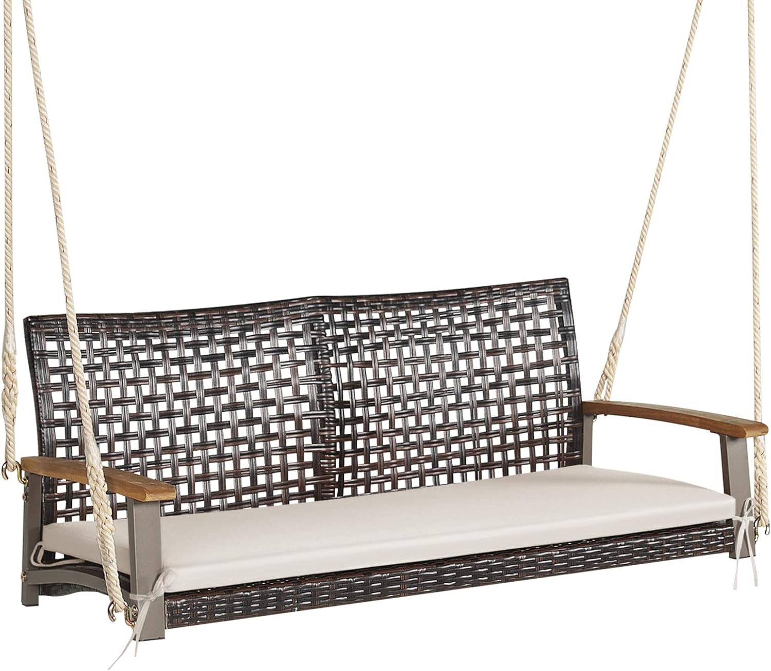 Balançoire de Jardin en Rotin à 2 Places,Banc Suspendu avec 2 Cordes de 300 CM,Charge 360 KG(Beige) - Image 1