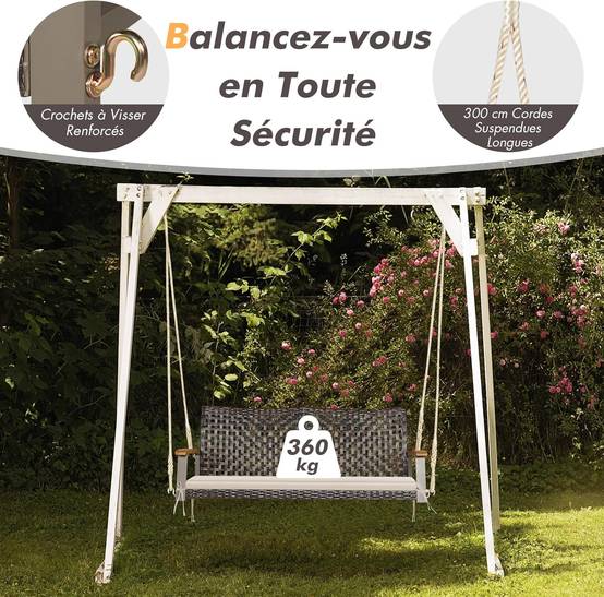 Balançoire de Jardin en Rotin à 2 Places,Banc Suspendu avec 2 Cordes de 300 CM,Charge 360 KG(Beige) - Image 3