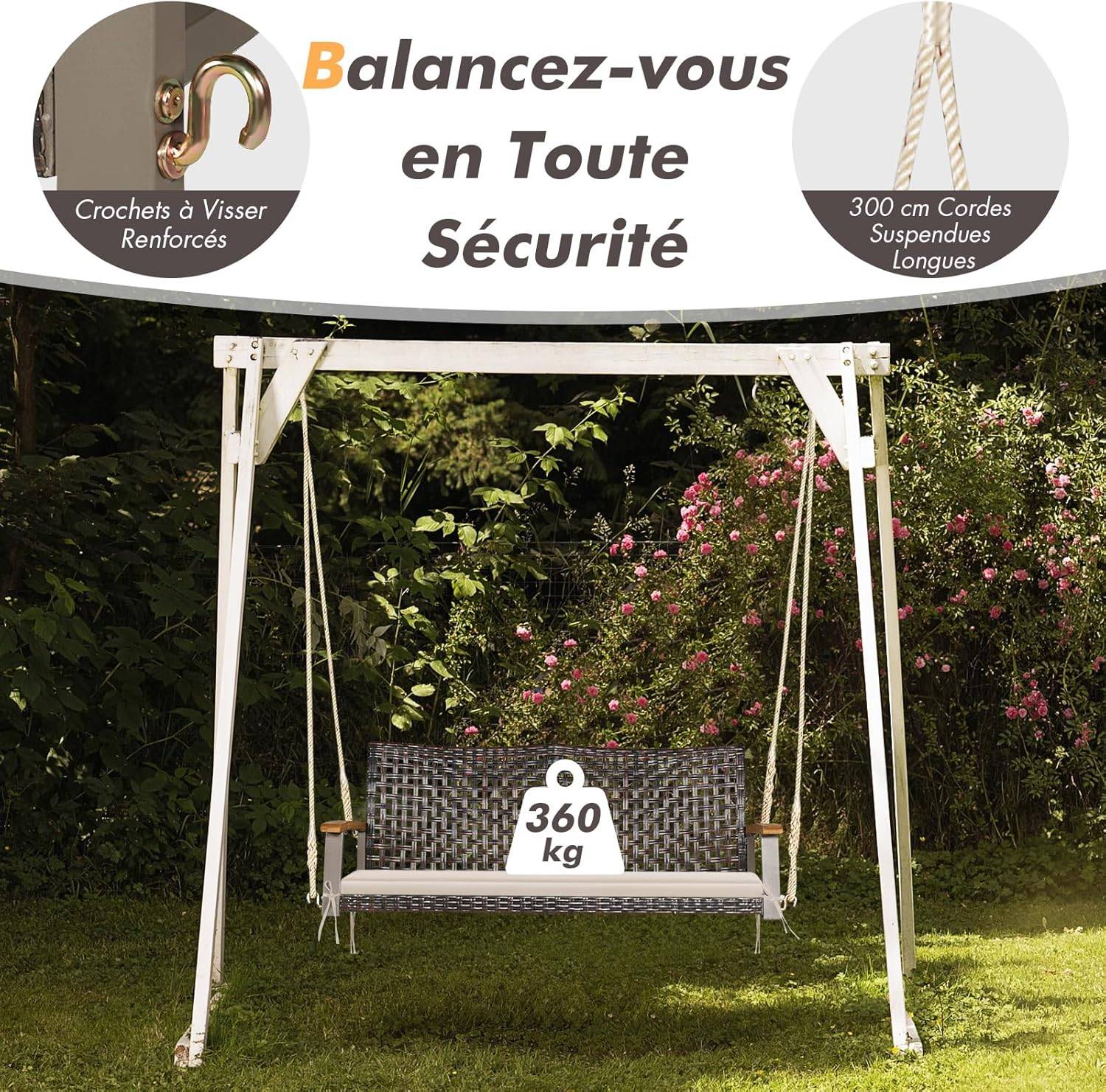 Balançoire de Jardin en Rotin à 2 Places,Banc Suspendu avec 2 Cordes de 300 CM,Charge 360 KG(Beige) - Image 3