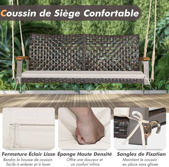 Balançoire de Jardin en Rotin à 2 Places,Banc Suspendu avec 2 Cordes de 300 CM,Charge 360 KG(Beige) - Image 5