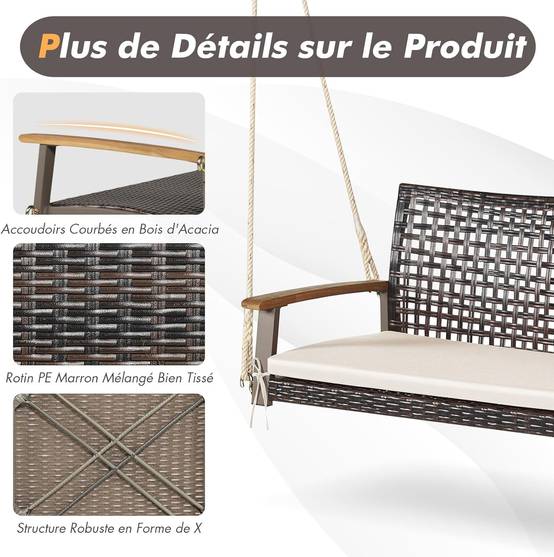 Balançoire de Jardin en Rotin à 2 Places,Banc Suspendu avec 2 Cordes de 300 CM,Charge 360 KG(Beige) - Image 7