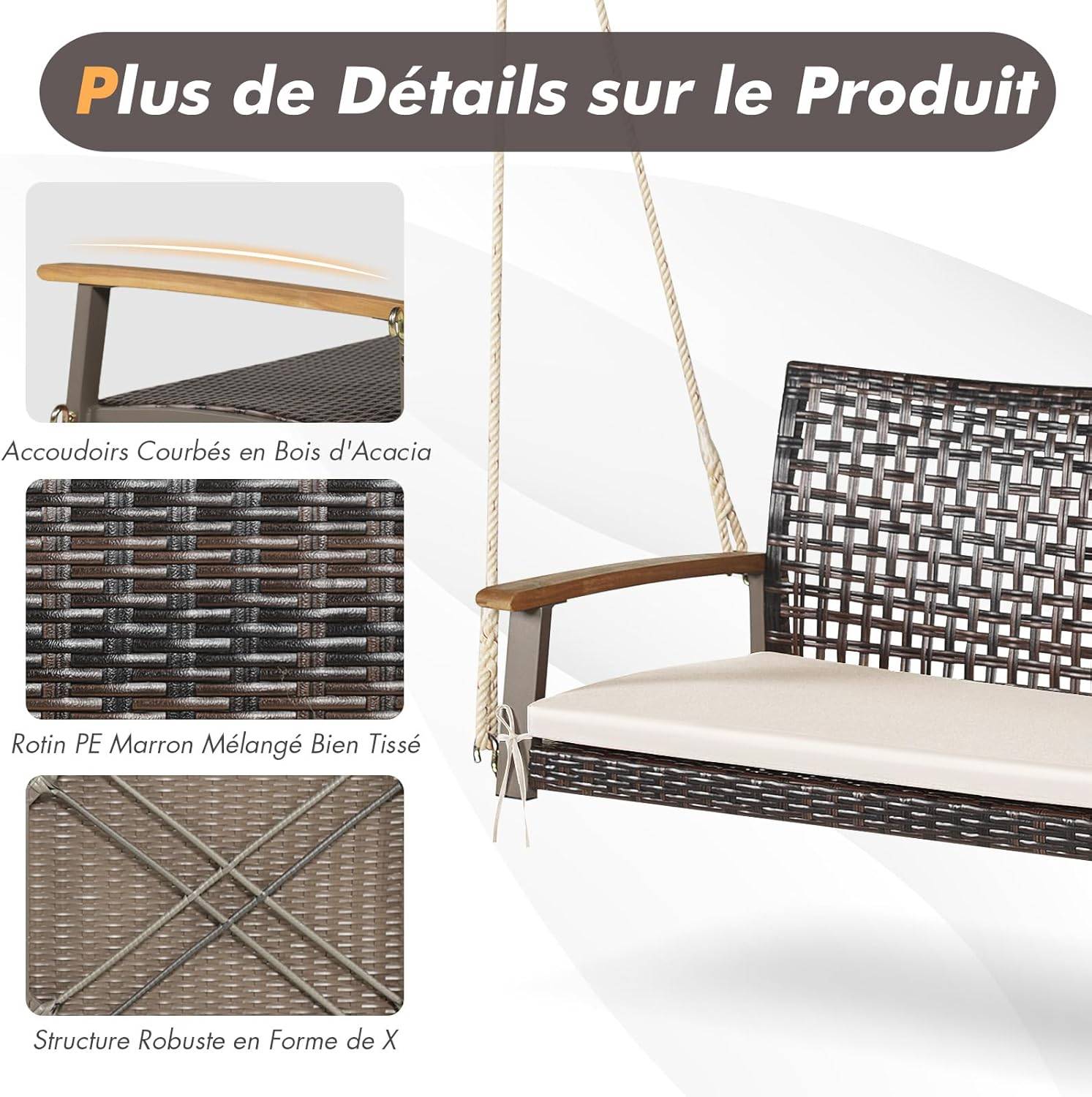 Balançoire de Jardin en Rotin à 2 Places,Banc Suspendu avec 2 Cordes de 300 CM,Charge 360 KG(Beige) - Image 7